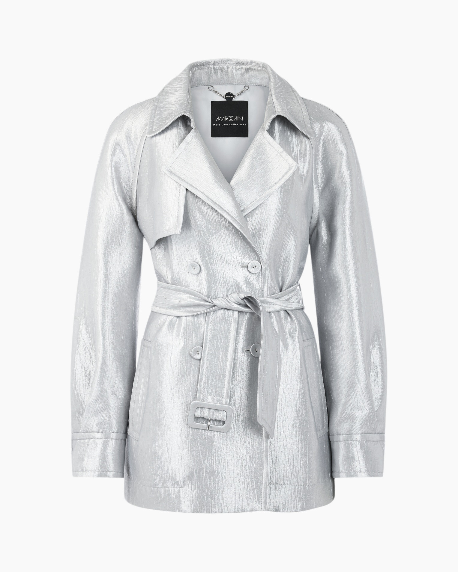 metallic, trench coat, belted, long sleeve, silver