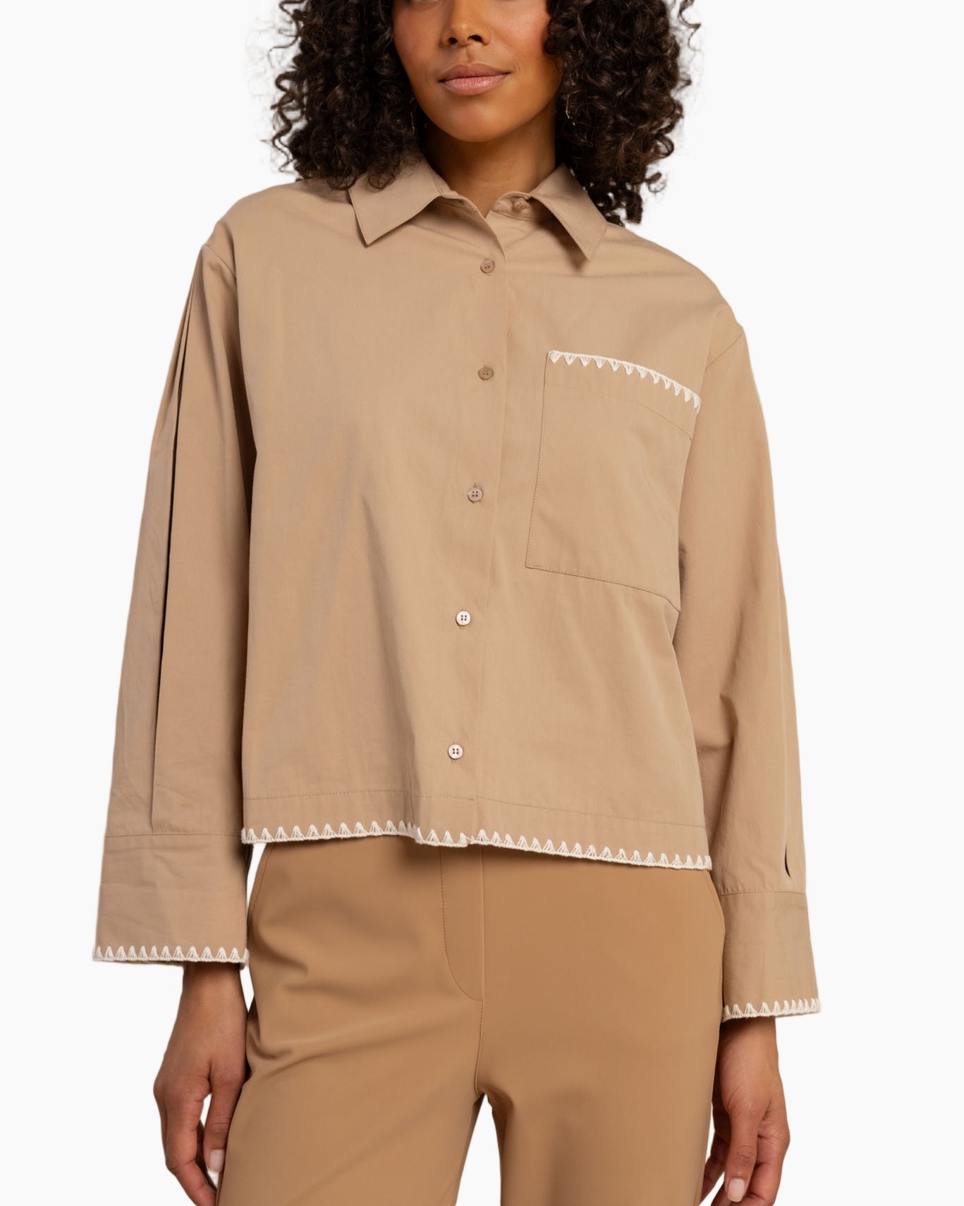 button-down, beige shirt, long sleeve, stitch trim, pocket detail