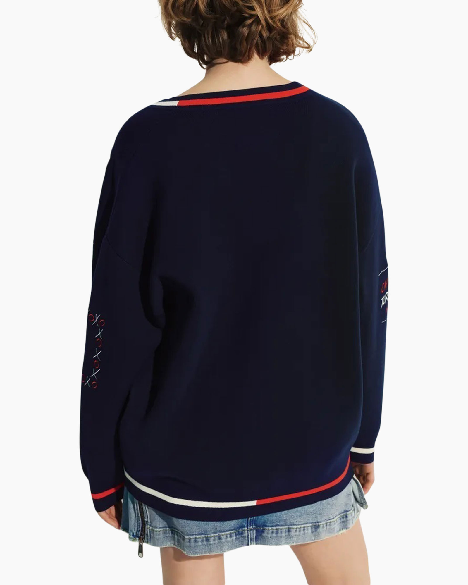 navy sweater, long sleeves, striped trim, embroidery, loose fit