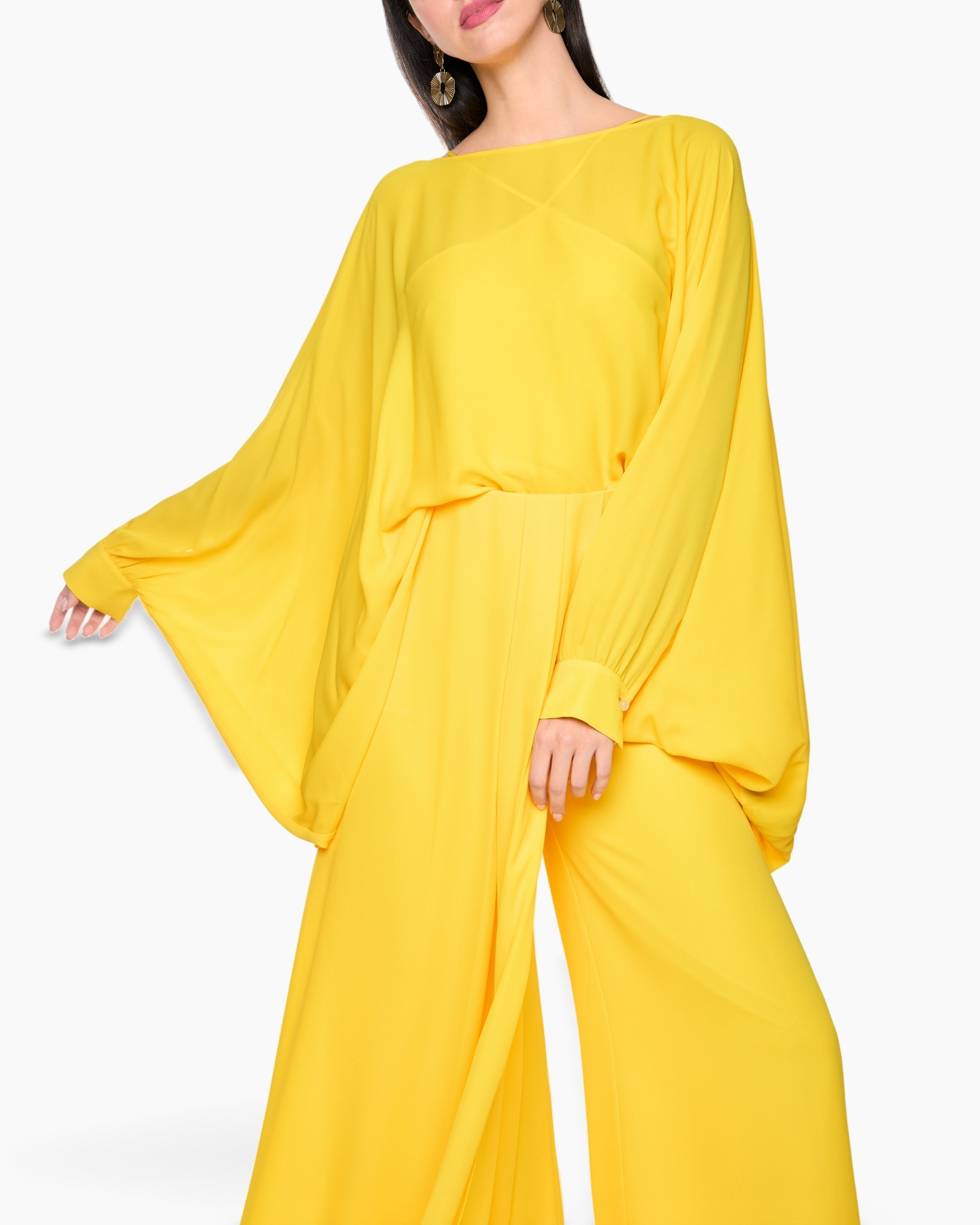 yellow, cape sleeves, wide-leg pants, jumpsuit, solid color