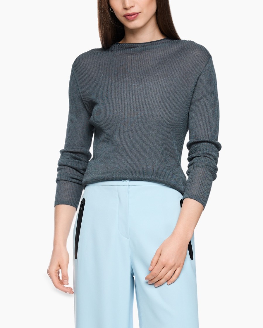 knit sweater, long sleeve, crew neck, gray, top