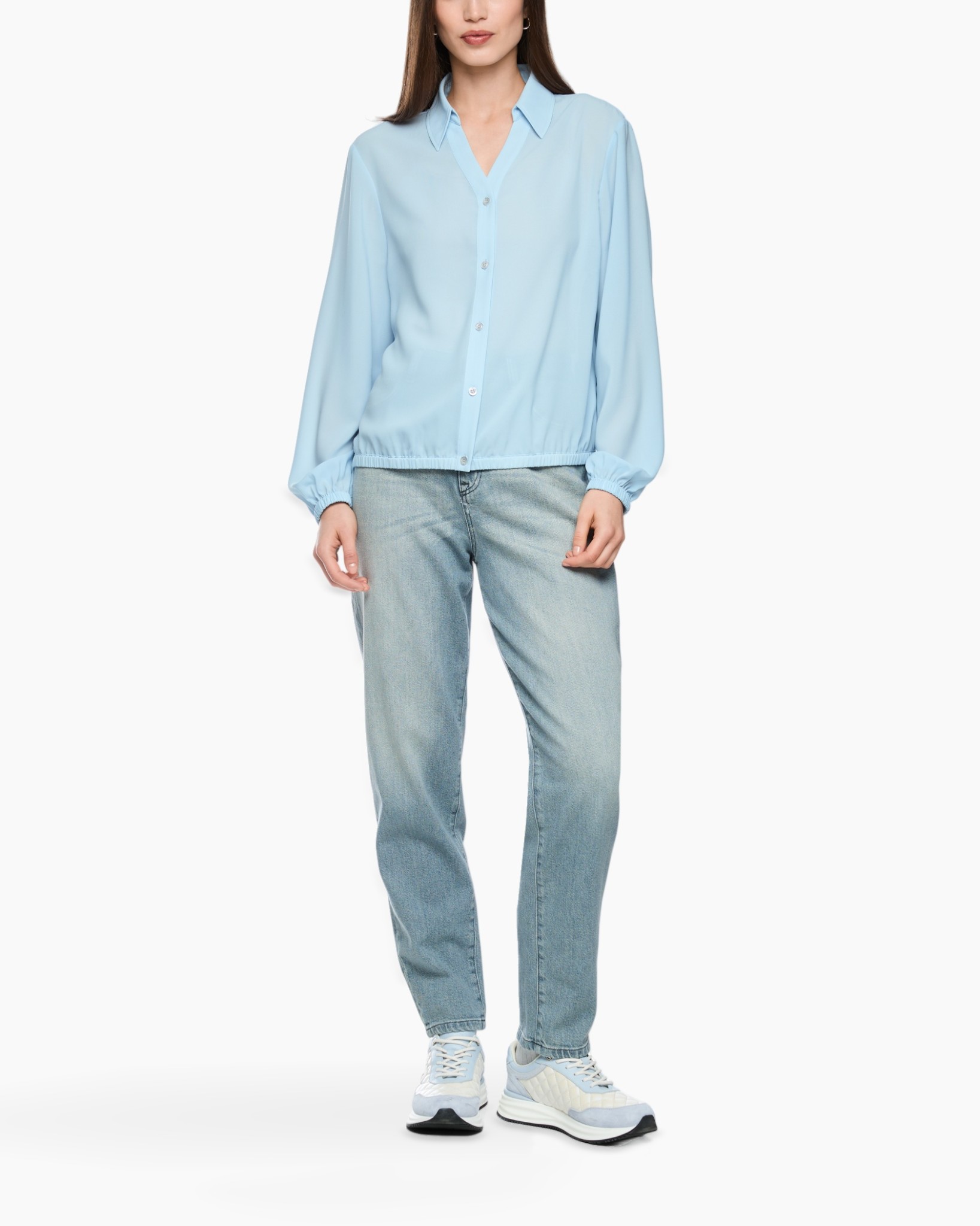 light-blue shirt, button-up, collared, long-sleeve, casual jeans