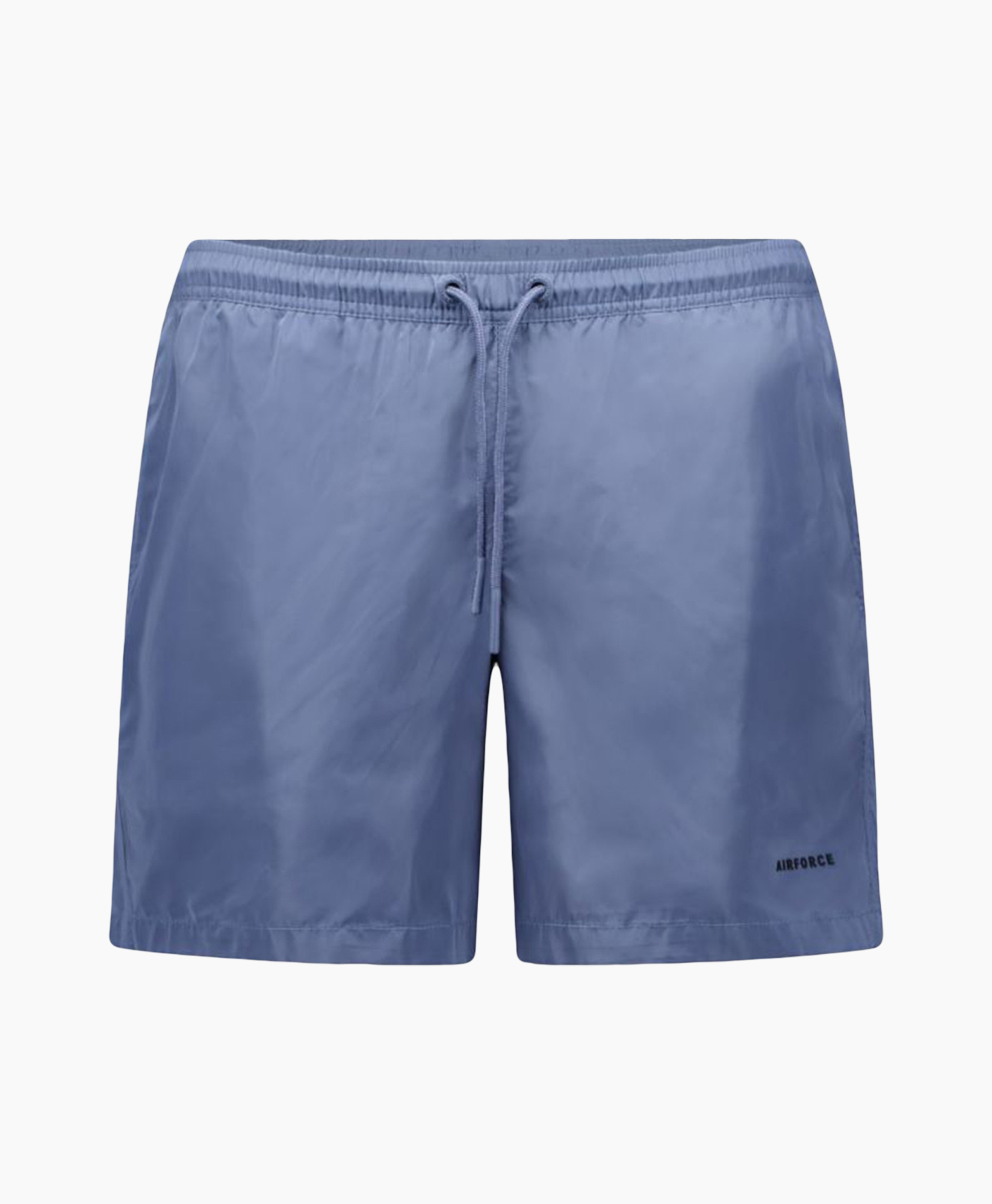 swim shorts, drawstring, elastic waist, solid blue, knee-length