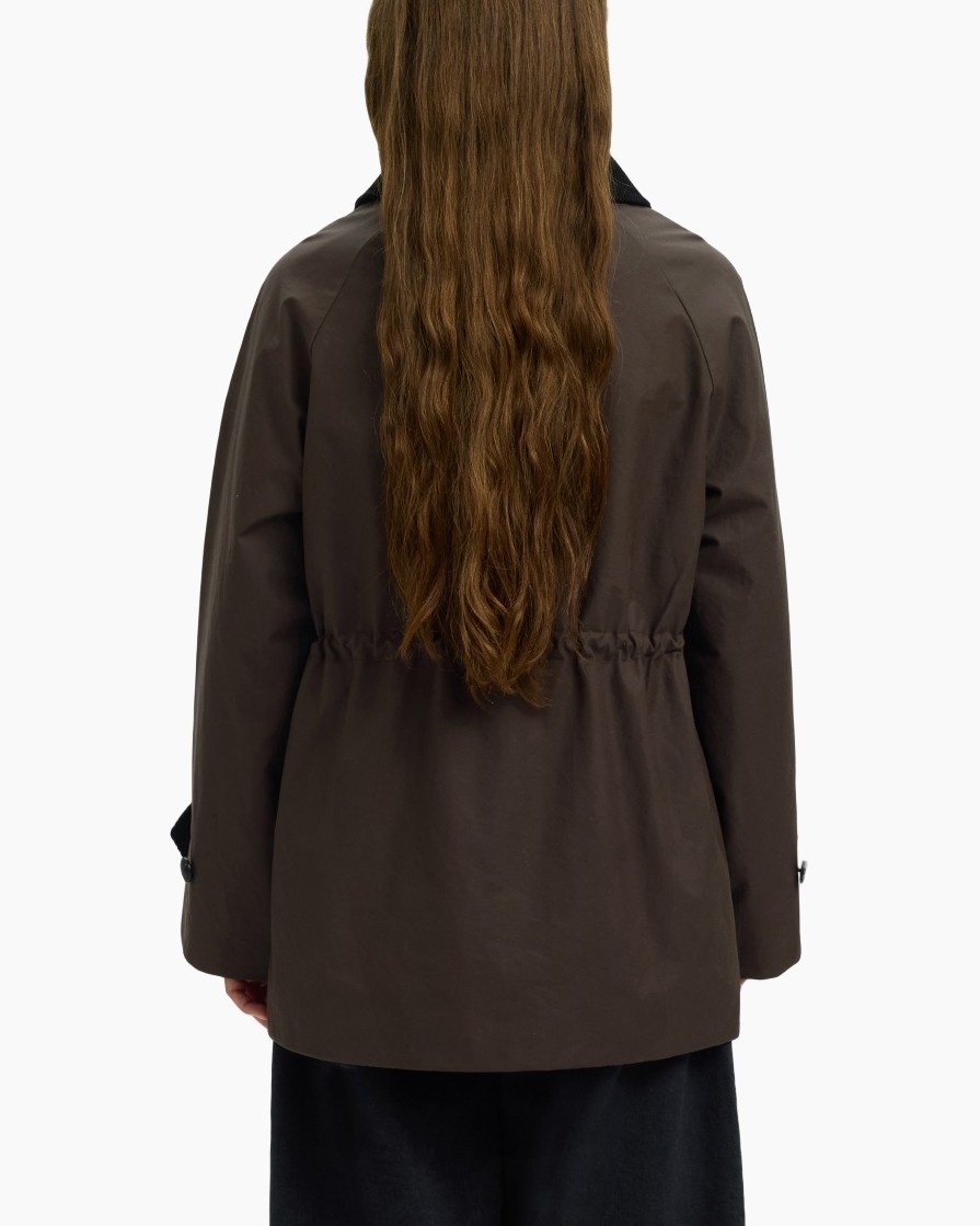 jacket, brown, long sleeves, drawstring waist, back view