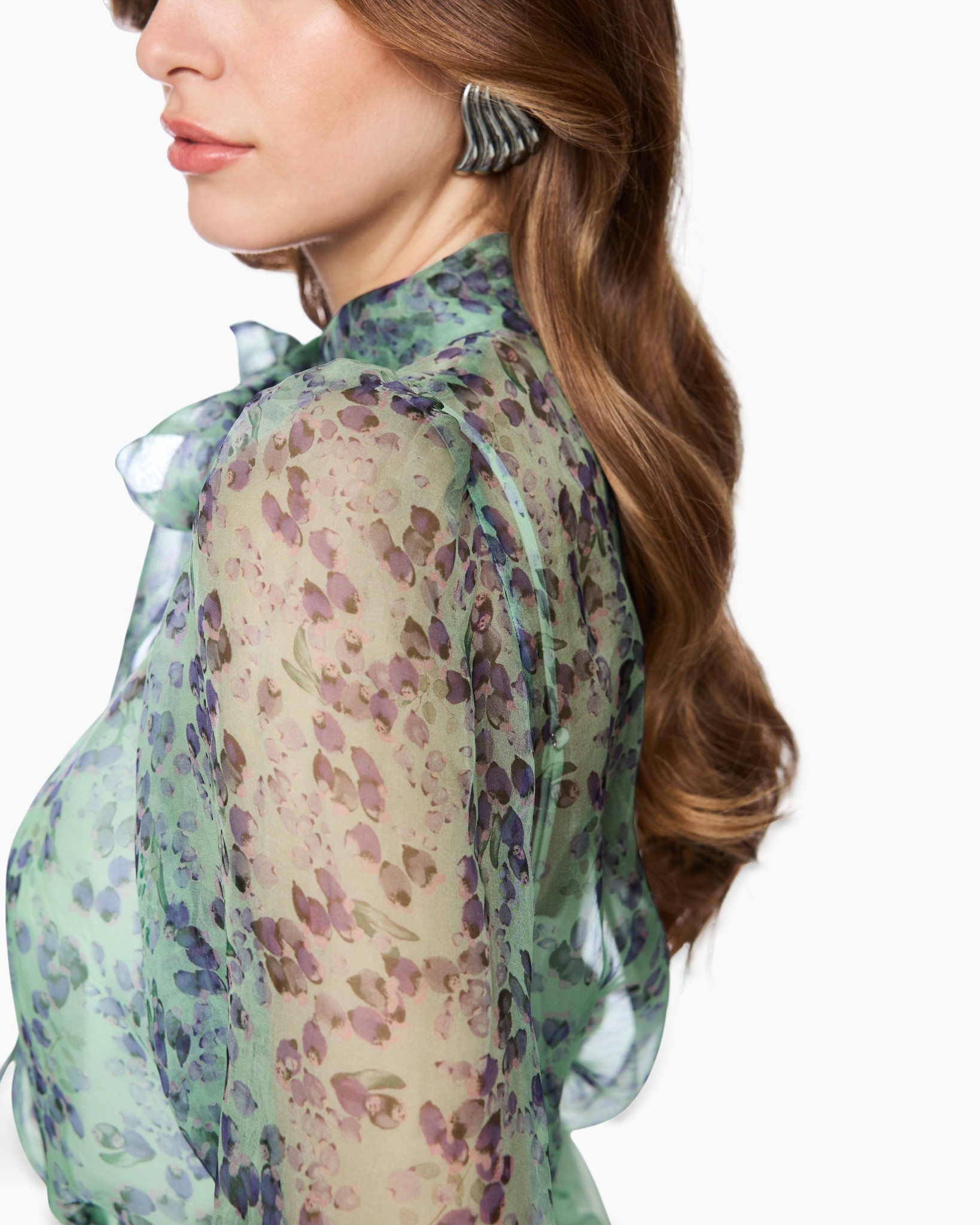 blouse, sheer, floral, long sleeve, scarf-tie