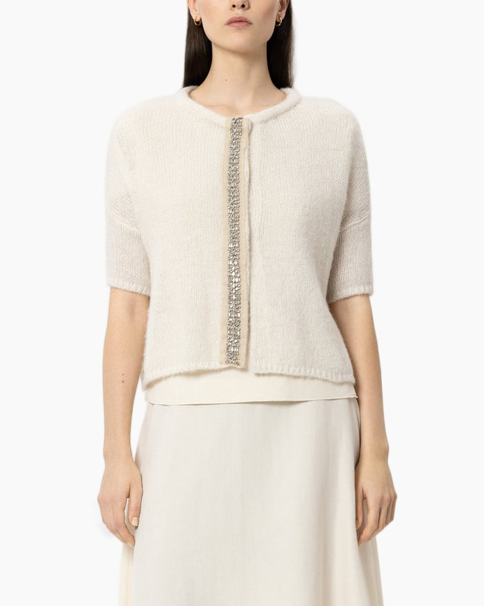 knit cardigan, short sleeves, beads trim, creamy white, layered look