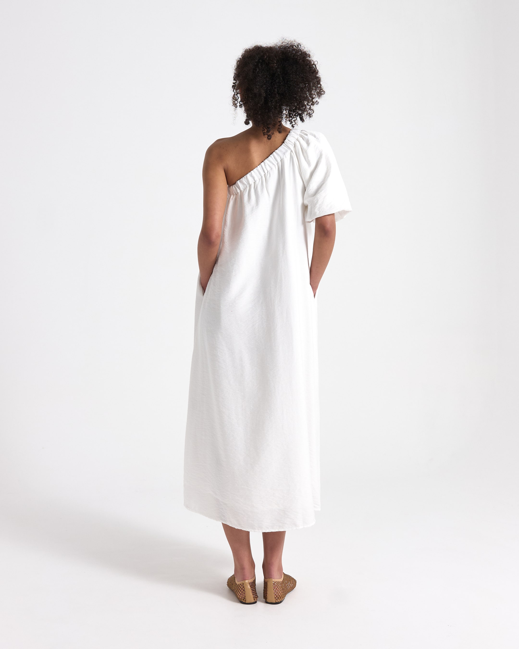 one-shoulder, white-dress, maxi-dress, short-sleeve, linen-cotton