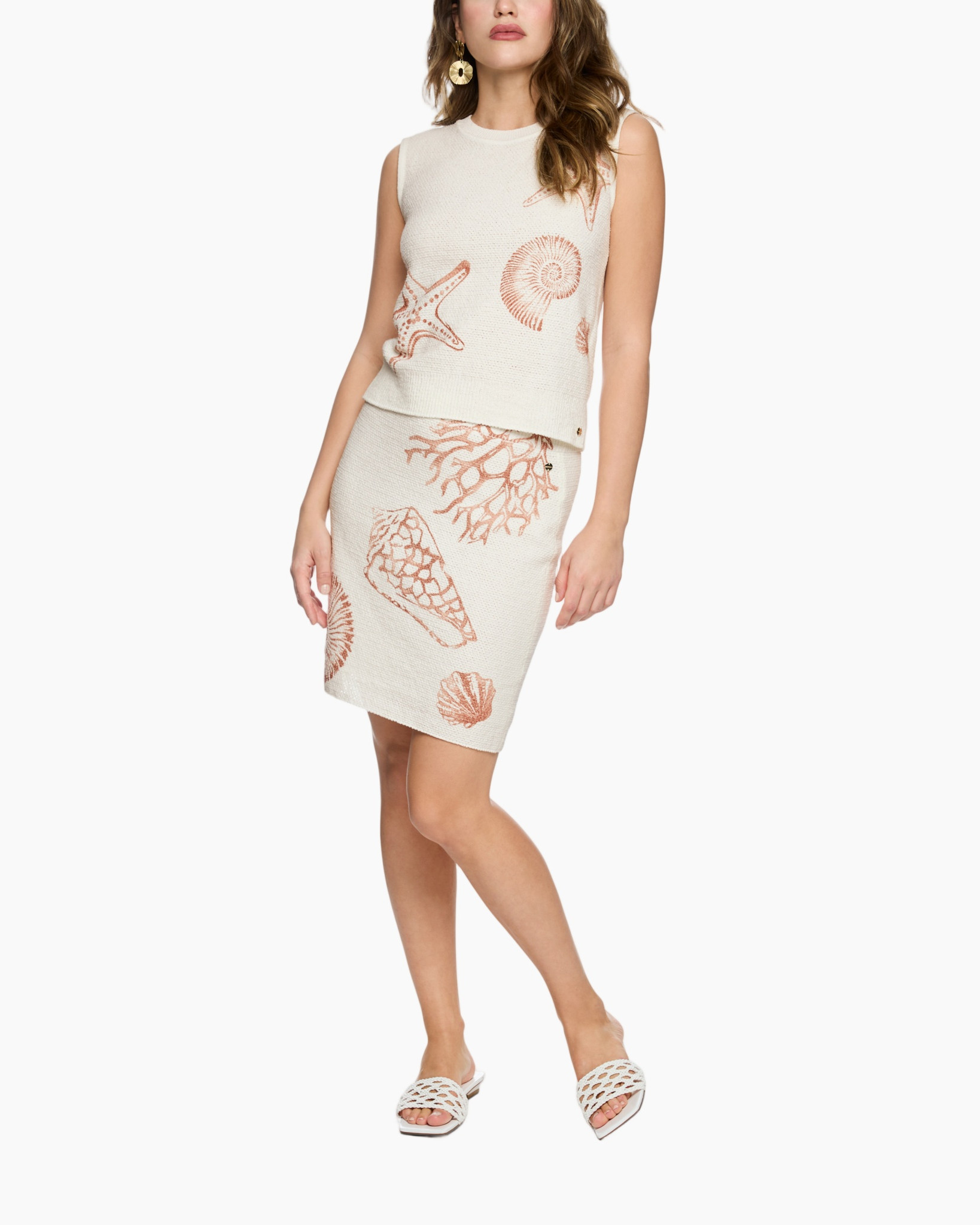 beachwear, two-piece, shell pattern, knit fabric, peach color