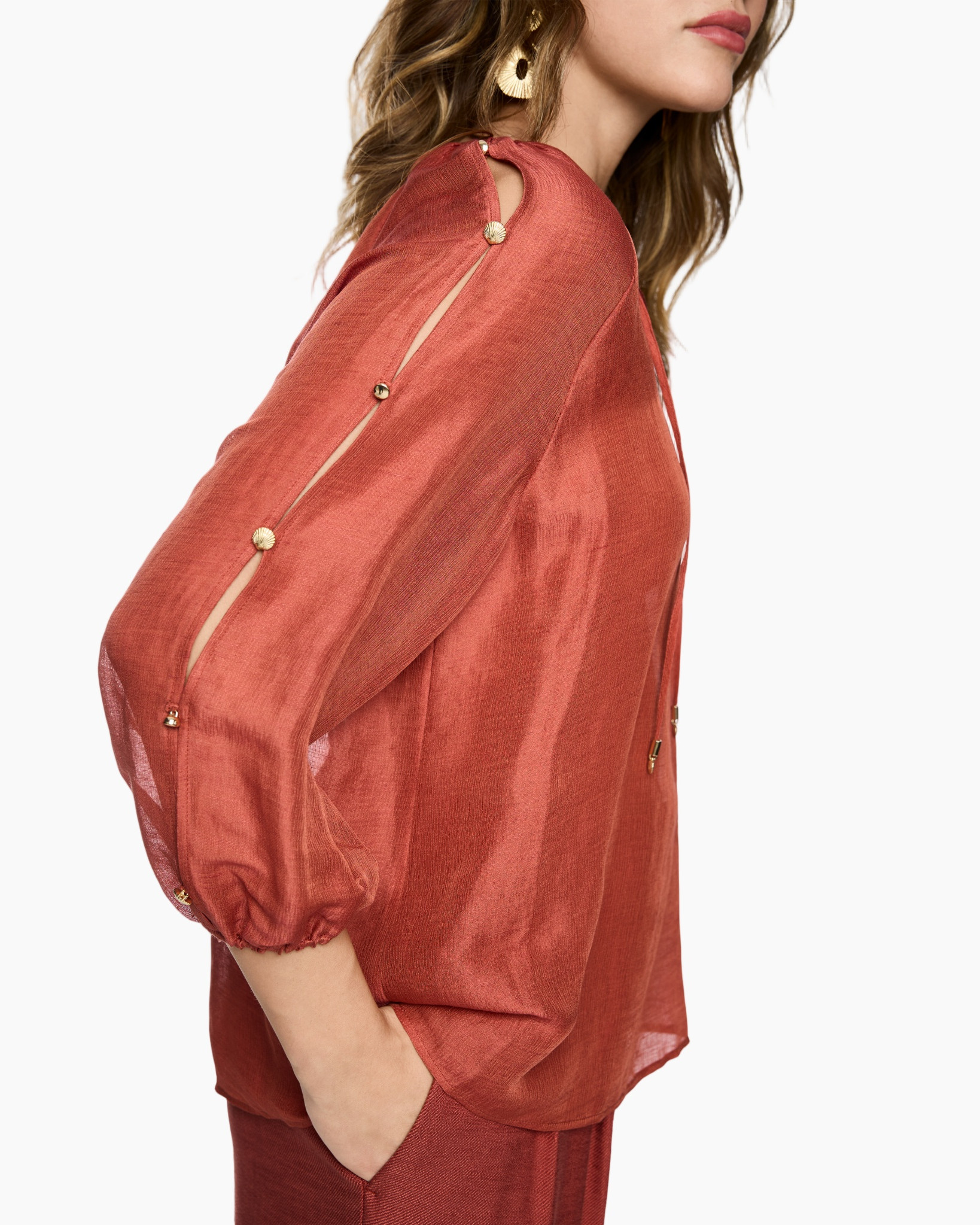 blouse, sheer, orange, buttoned, half-sleeve