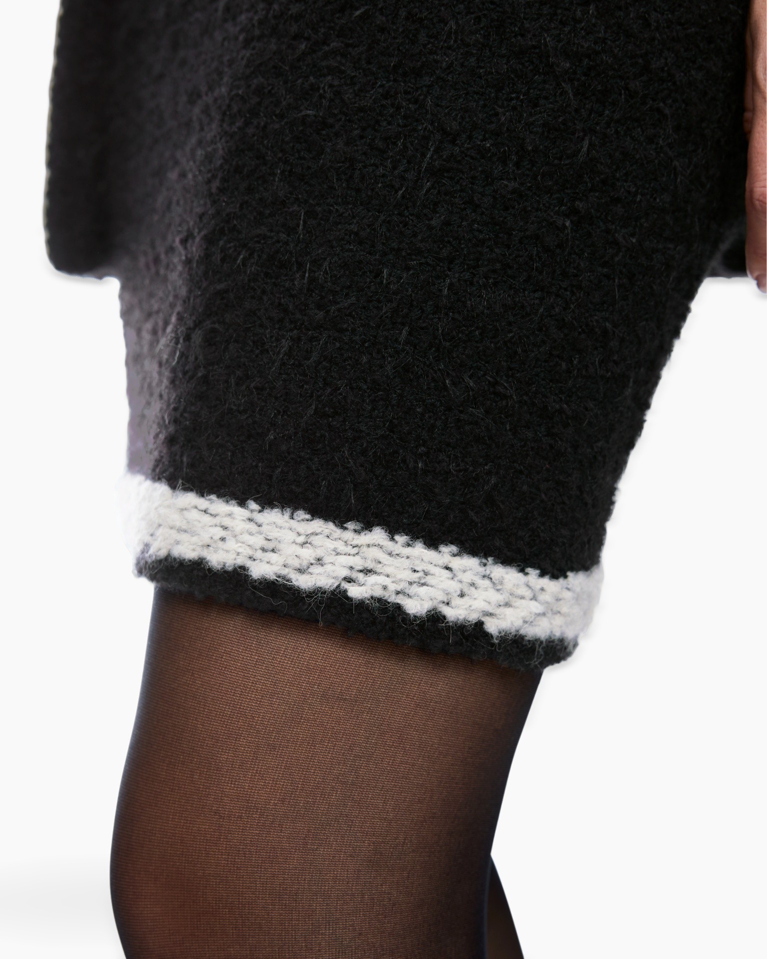 dress pants, black fabric, white trim, knitted edge, sheer stockings