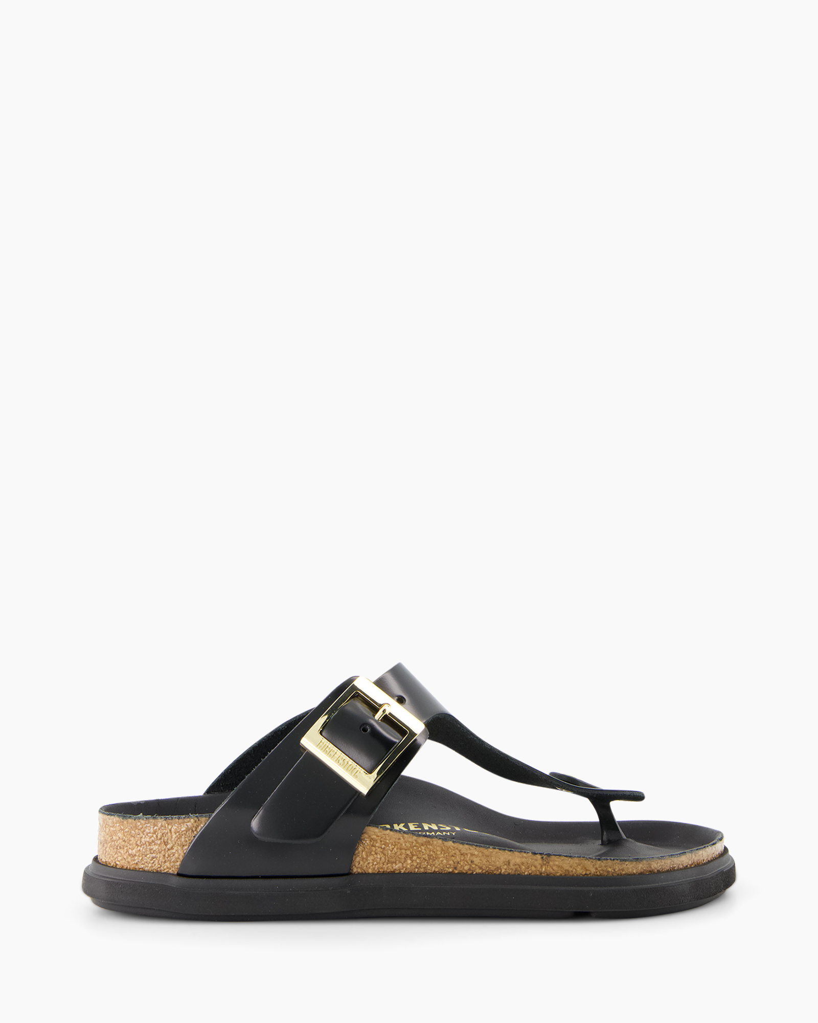 sandals, black, thong, buckle, cork sole