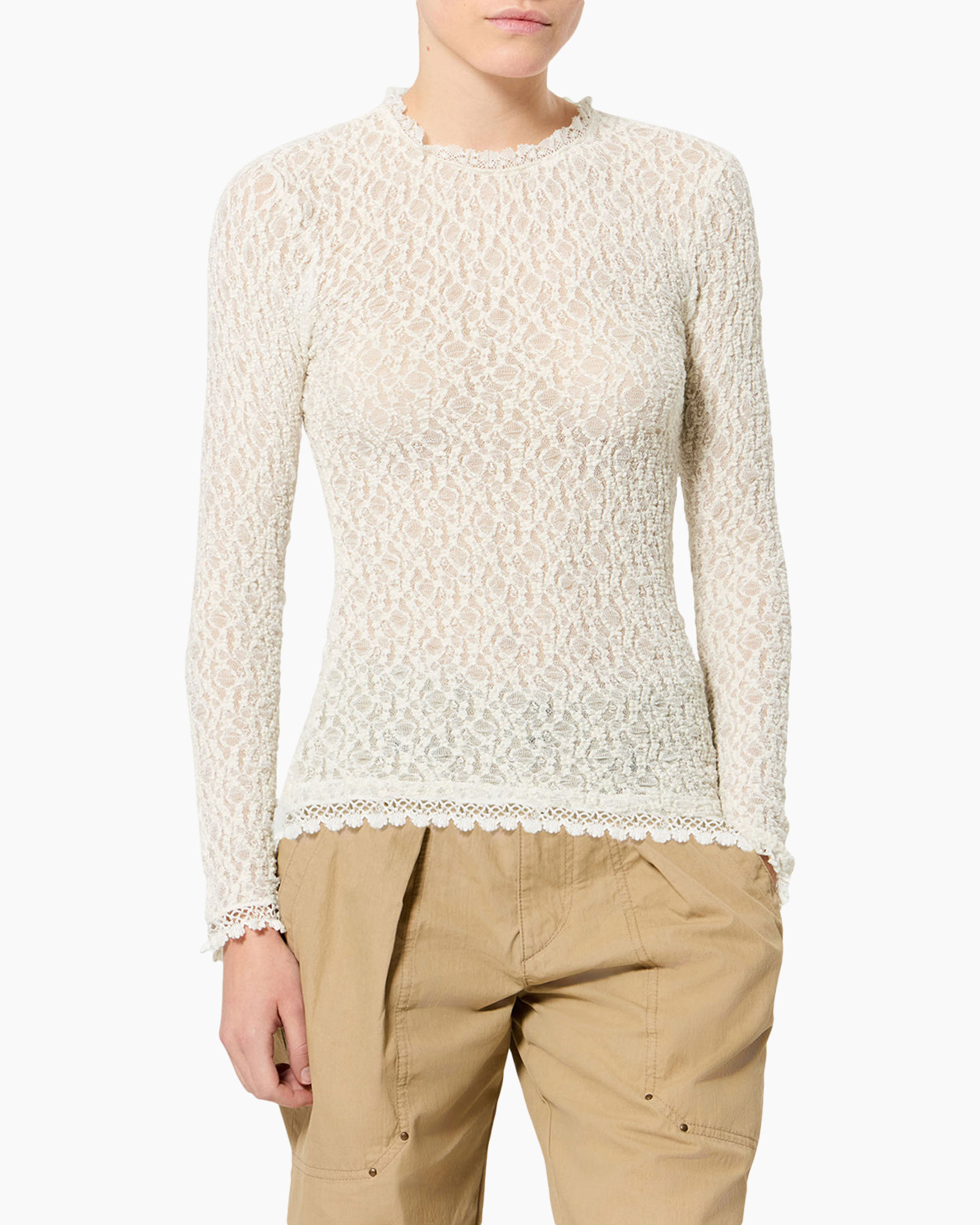 lace top, long sleeve, high neck, cream color, semi-sheer