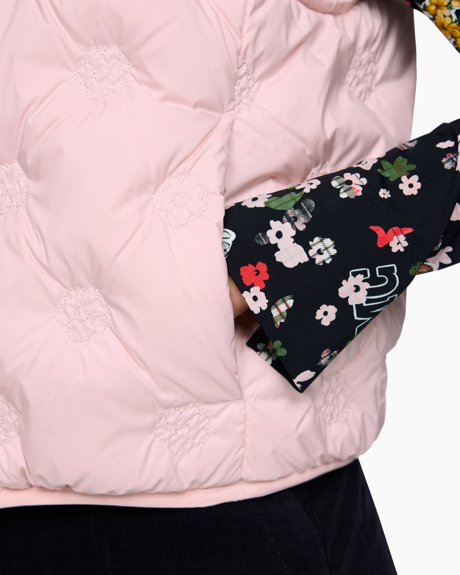 padded jacket, pink outerwear, quilted pattern, floral scarf, black floral lining, puffer jacket, pink quilted, flower embroidery, soft padding, vilona textile