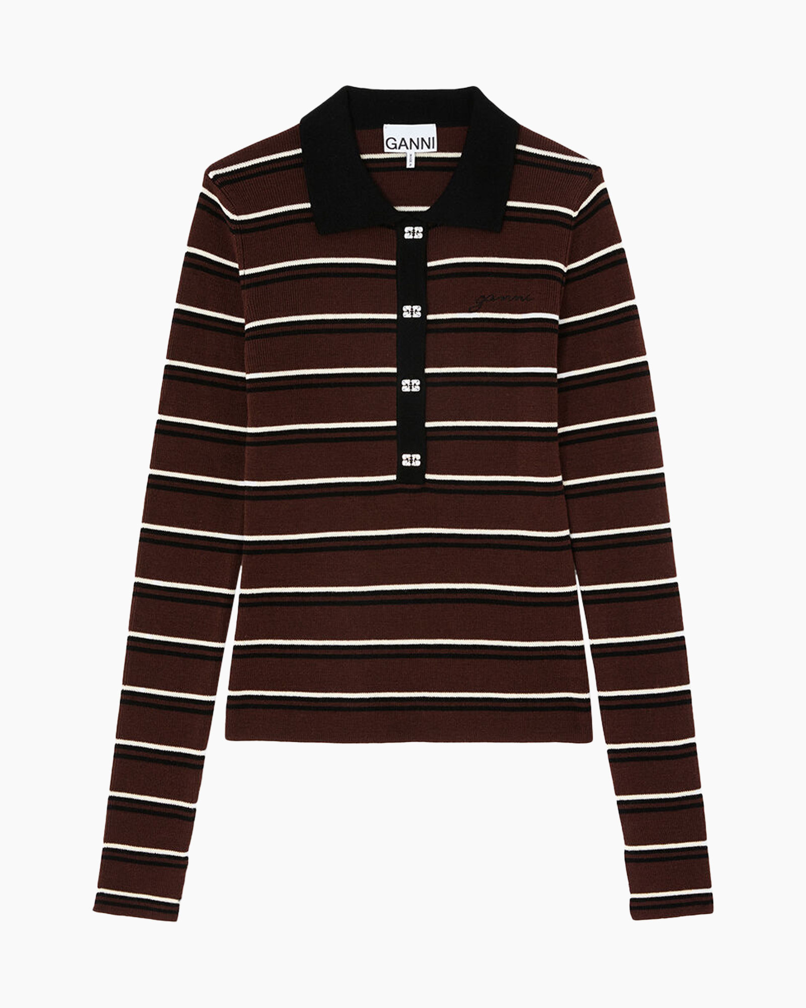 striped polo, long-sleeve polo, maroon striped, ribbed knit, collar polo