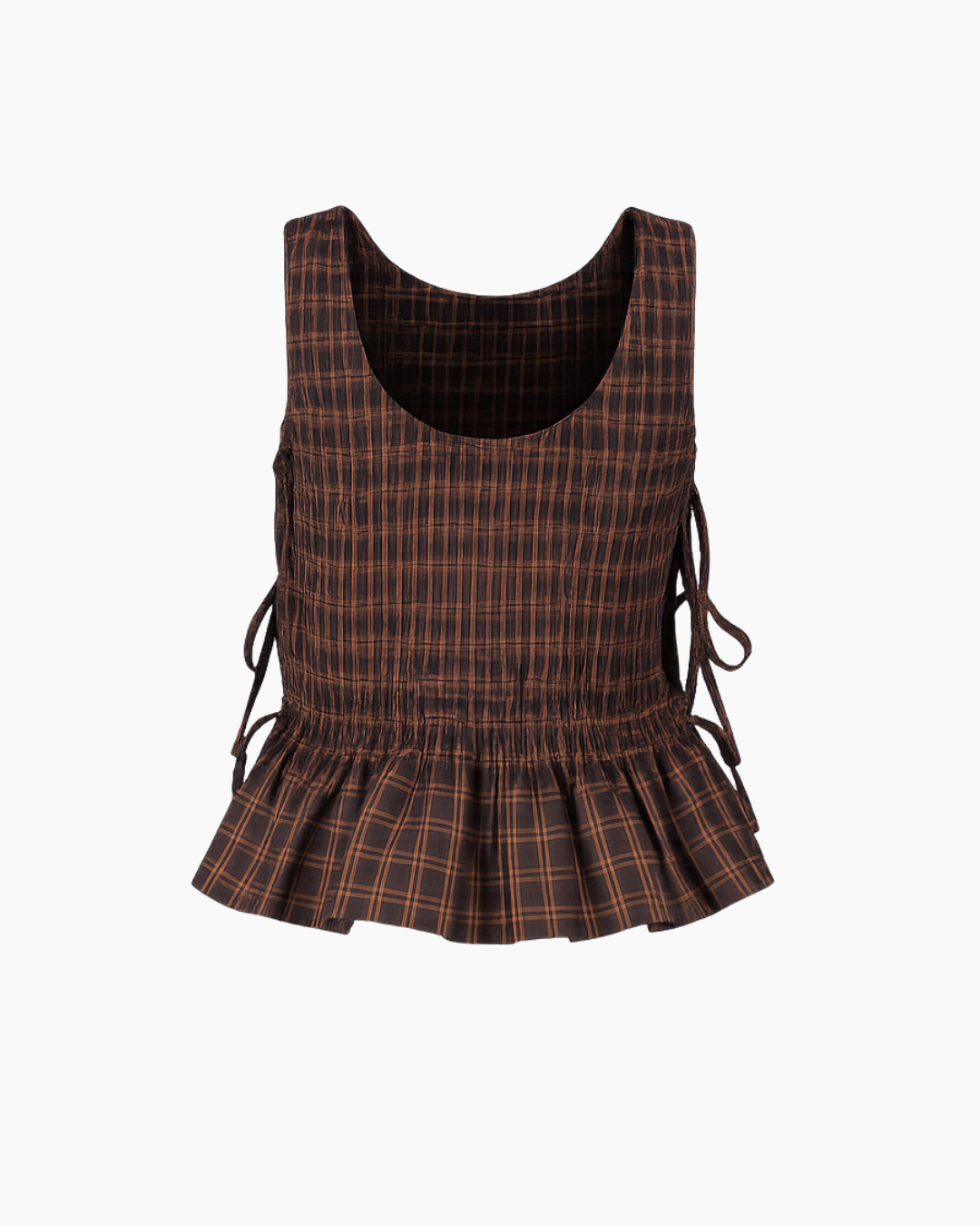 top, sleeveless, smocked, ruched, plaid