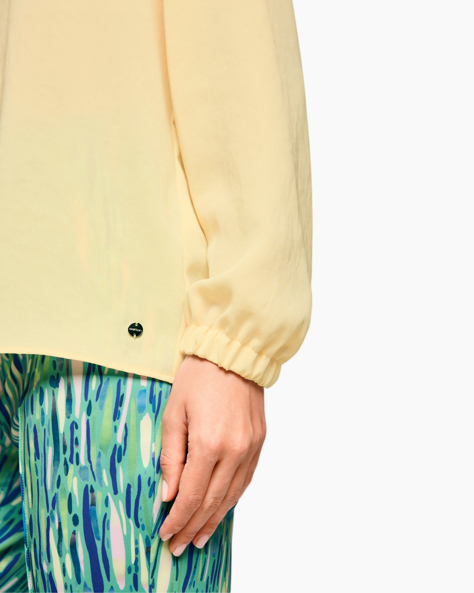 blouse, long sleeve, crepe, pale yellow, elastic cuff