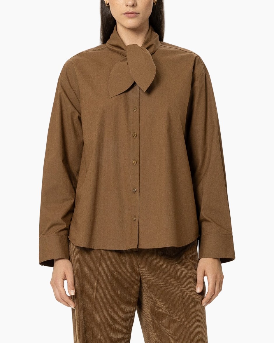blouse, long-sleeve, button-down, scarf-tie, brown