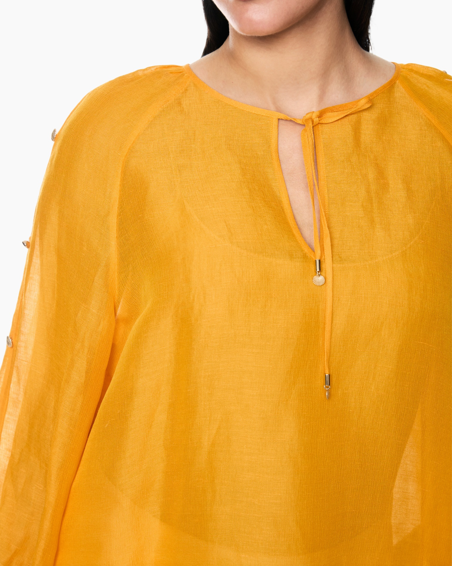 blouse, orange, linen, long-sleeve, tie-neck