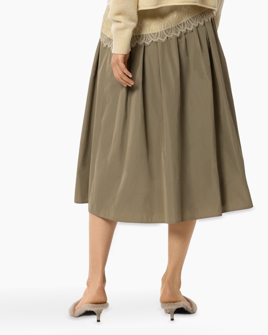 skirt, mid-length, khaki, pleated, linen-like, skirt, midi, olive, pleated, waistband