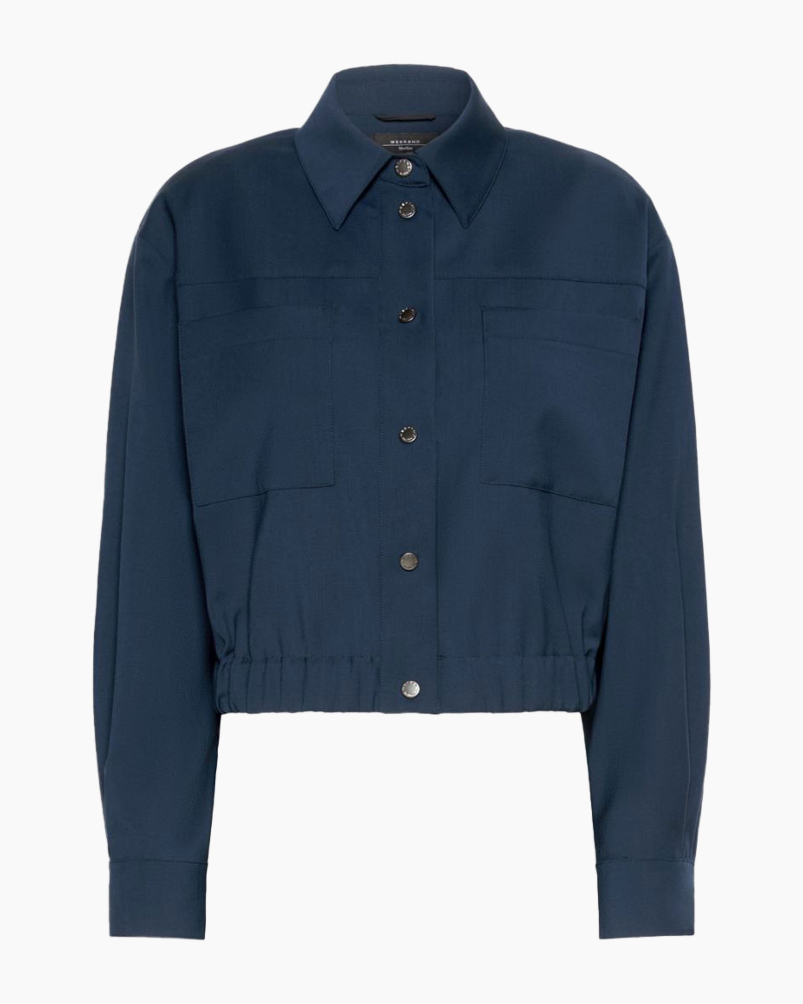 jacket, button-down, collared, cinched hem, blue