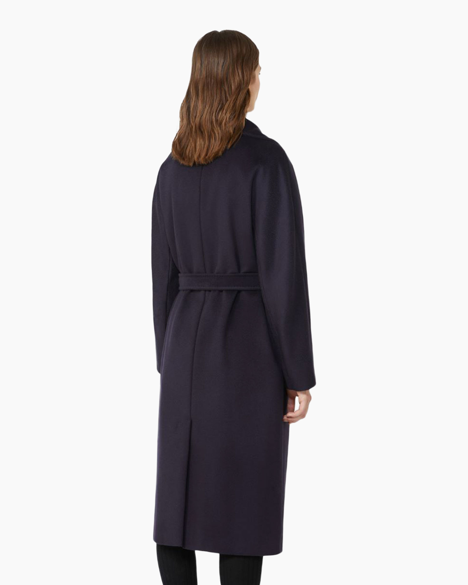 coat, long, belt, dark purple, back view