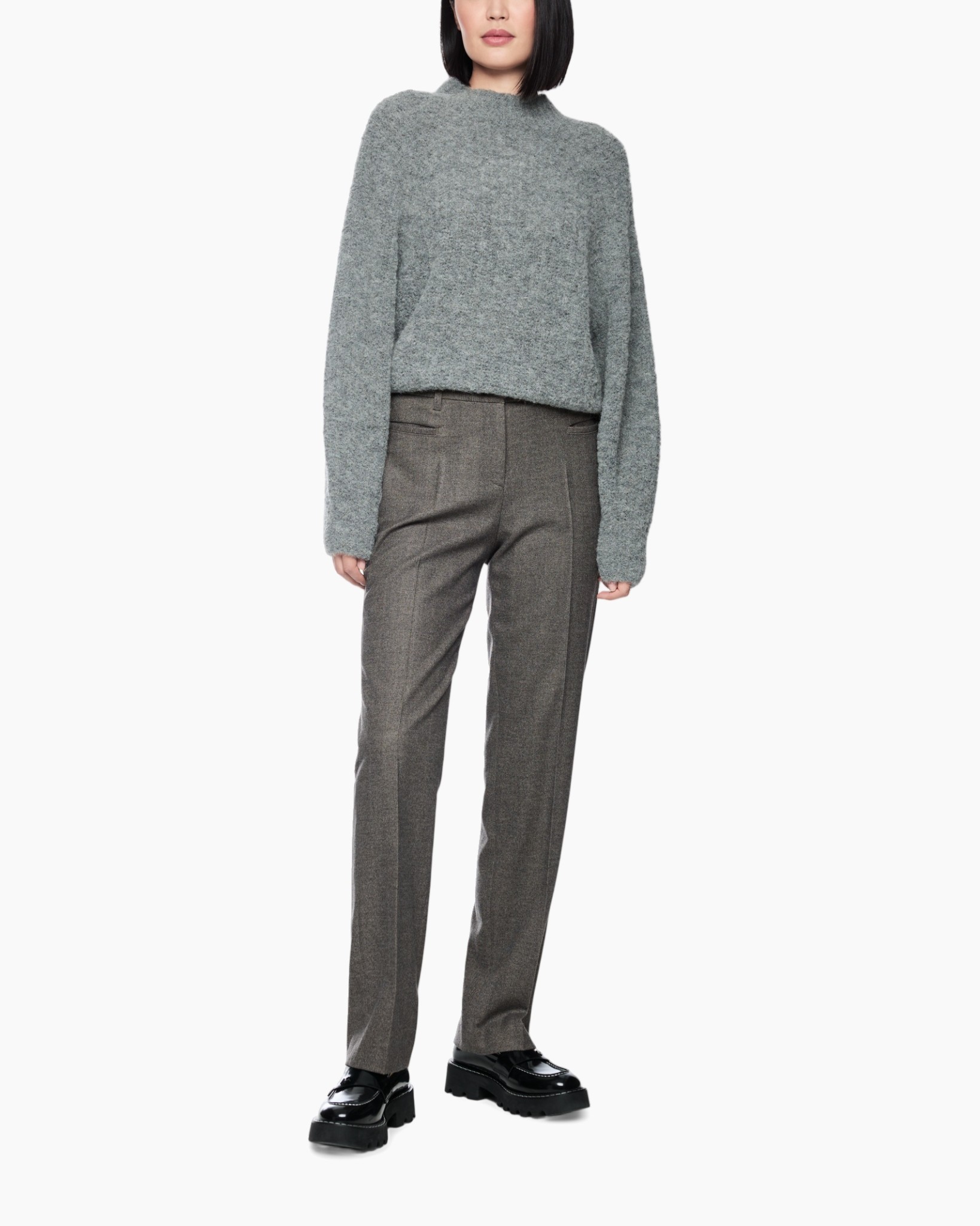 gray sweater, knit sweater, long sleeves, turtleneck, gray pants