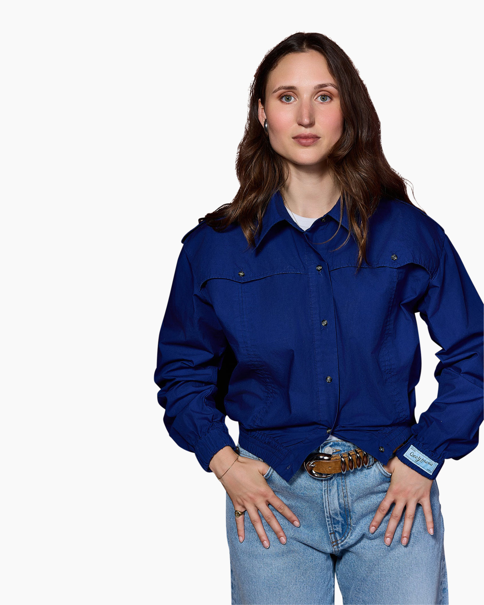 blue jacket, denim jacket, long sleeves, collared, waist belt