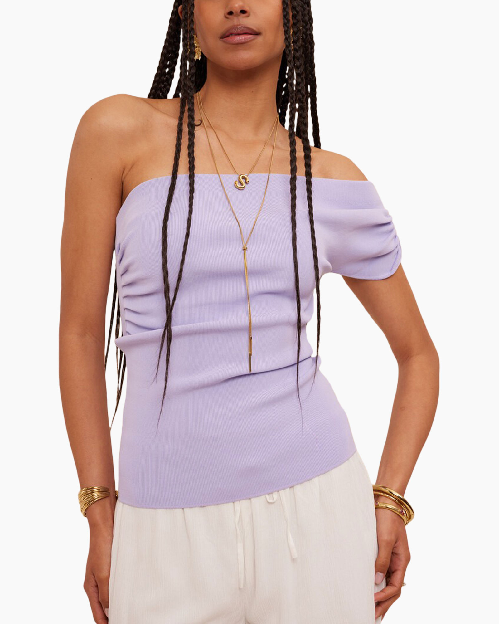 off-shoulder, ribbed-top, lavender, long-necklace, casual-top