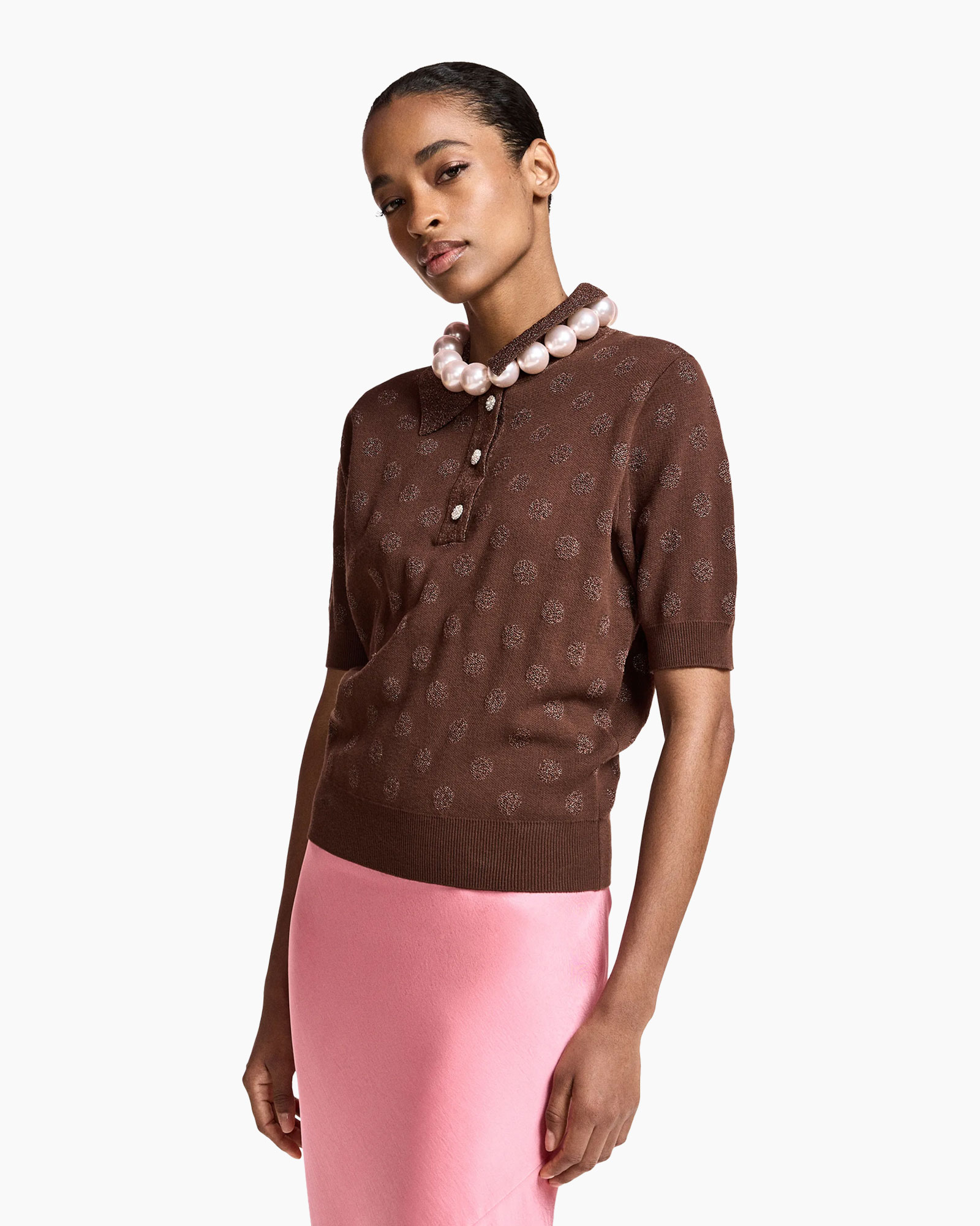 brown top, pullover, polka-dot pattern, collared polo, short-sleeve