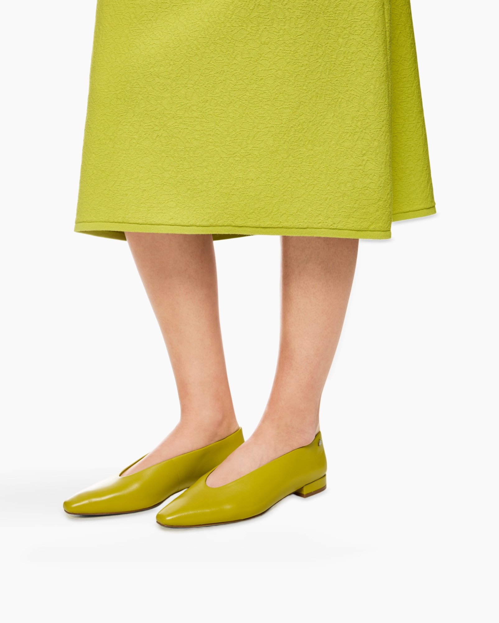 midi skirt, lime green, flat shoes, slip-on flats, fabric texture