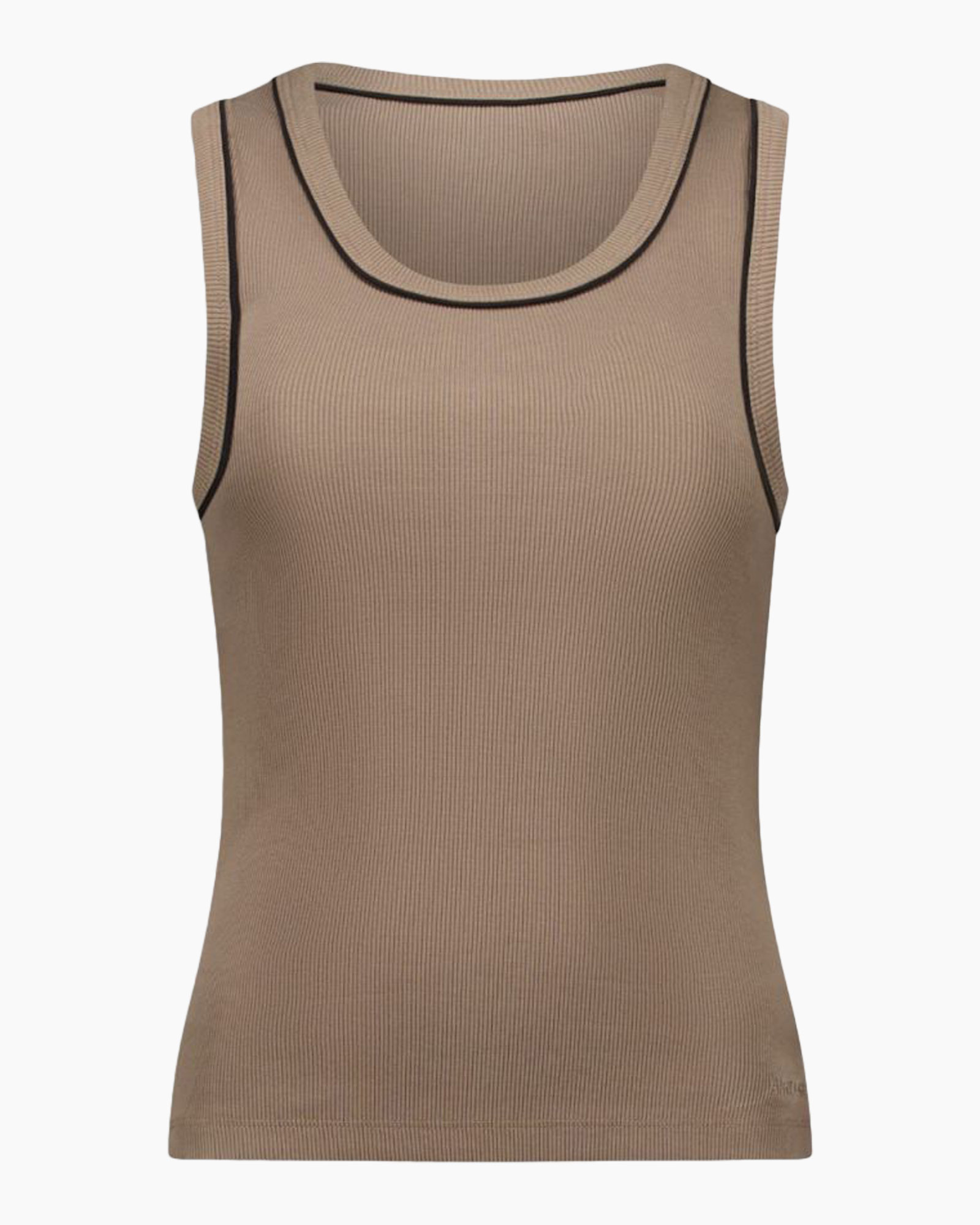 tank top, ribbed knit, beige, sleeveless, trimmed neckline