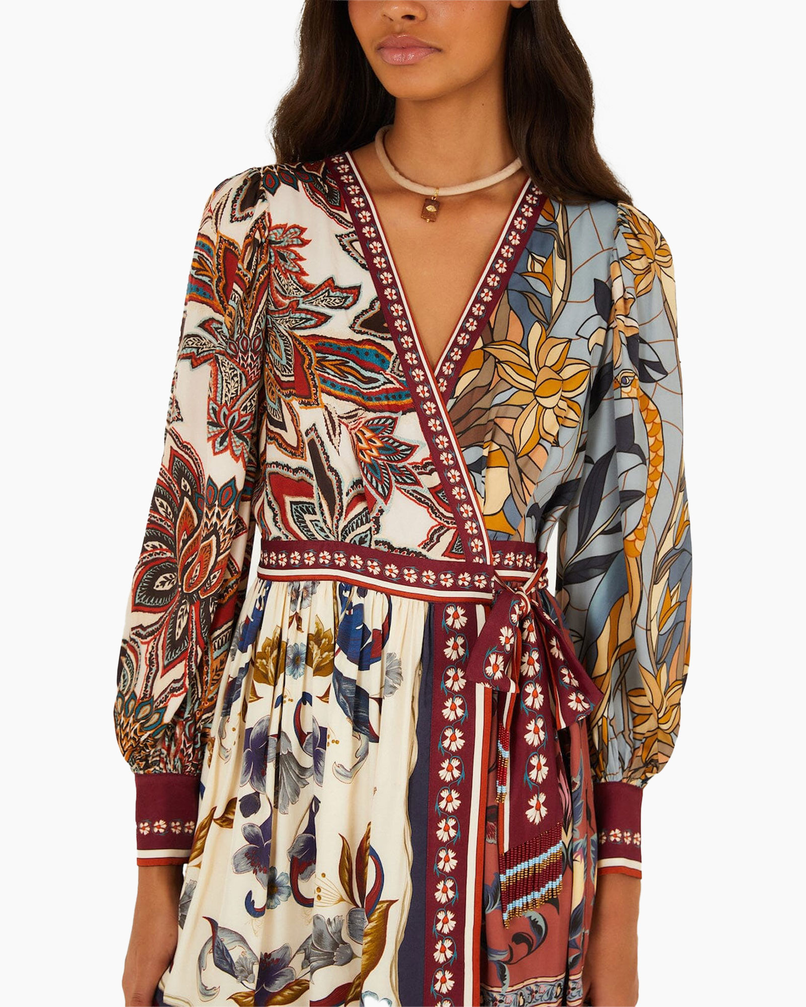 wrap dress, floral print, long sleeves, v-neck, bohemian style