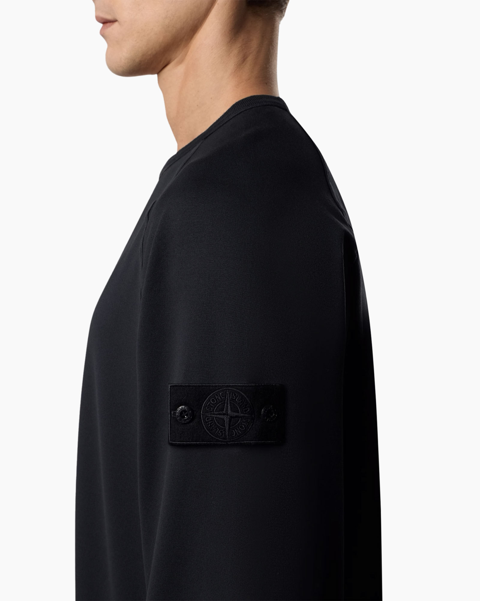 black, long-sleeve, crew-neck, patch, minimal