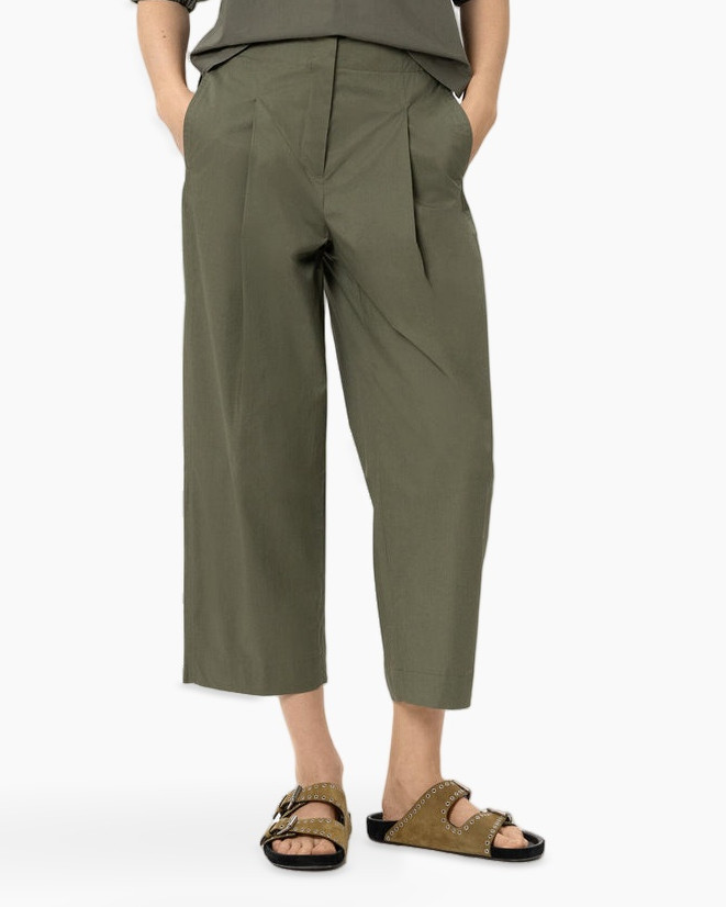 pants, olive, cropped, mid-rise, pleats
