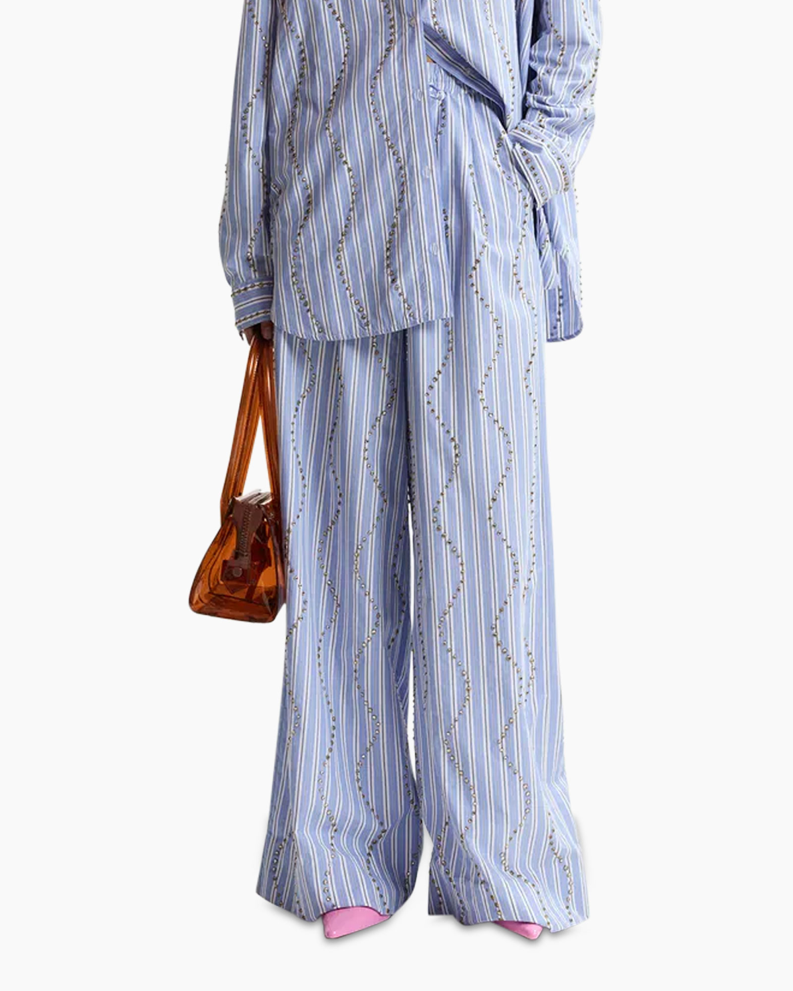 striped, wide-leg, pants, jumpsuit, bag