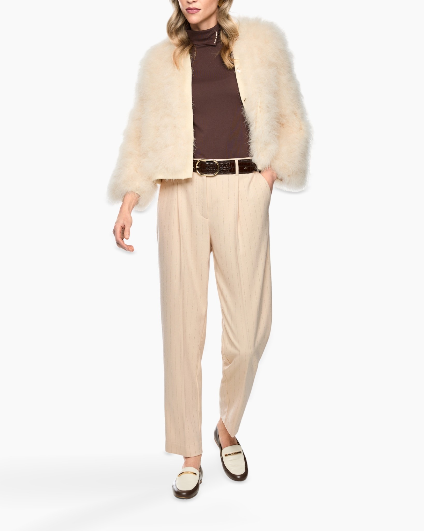 fur jacket, beige cardigan, wide-leg pants, belt, loafers