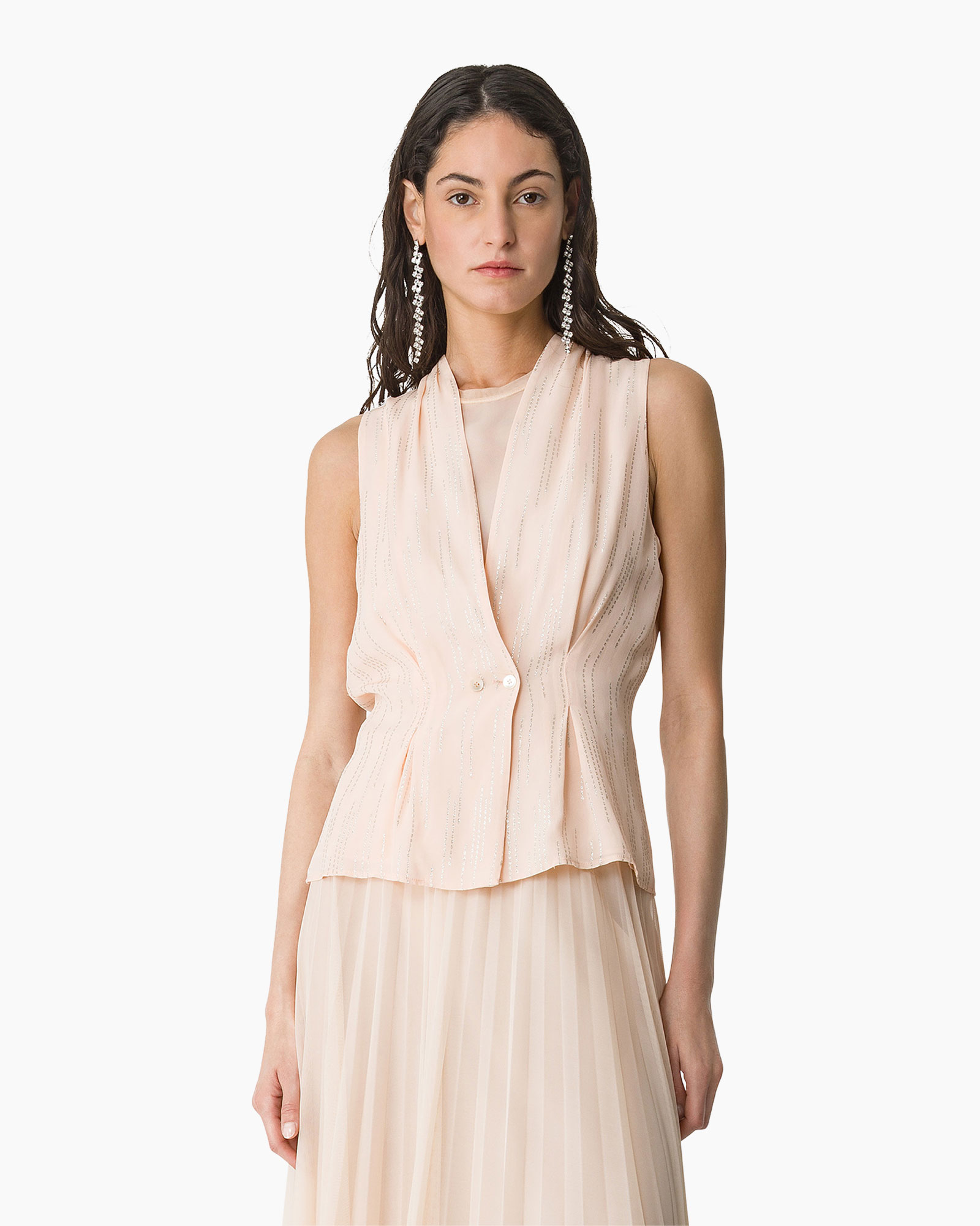 dress, peplum, vest, pearl earrings, jacket