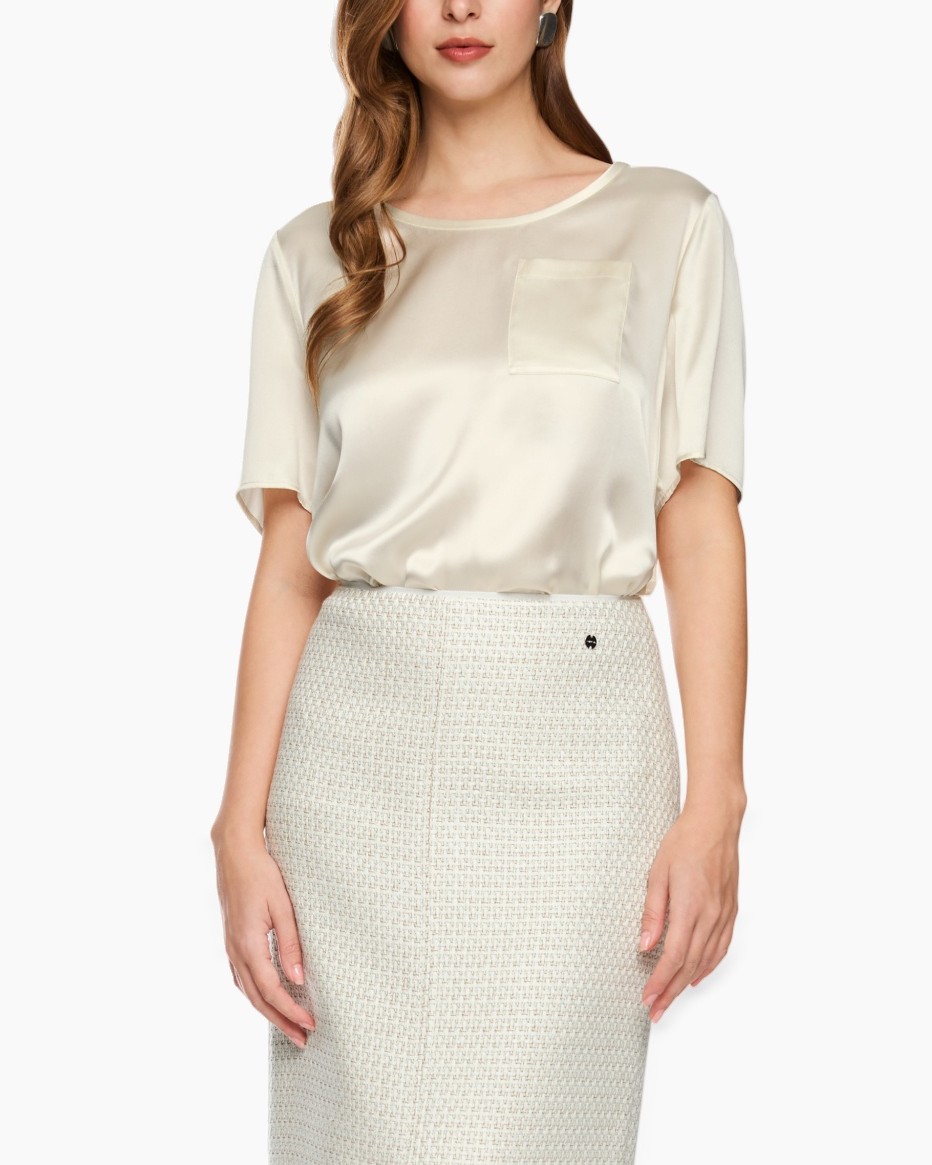 silk blouse, pocket tee, short sleeve, cream color, pencil skirt