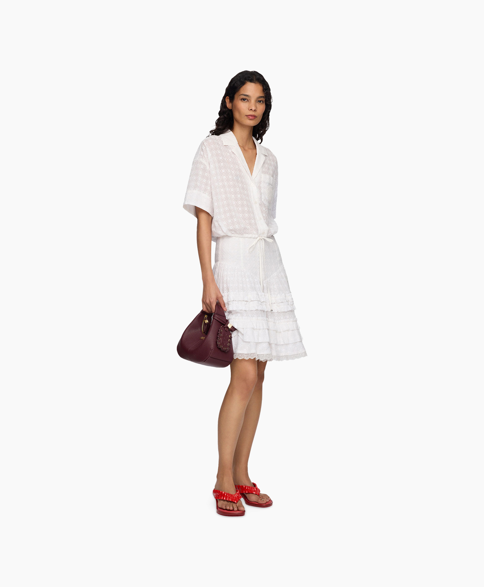 white dress, eyelet, short sleeve, tiered skirt, drawstring waist