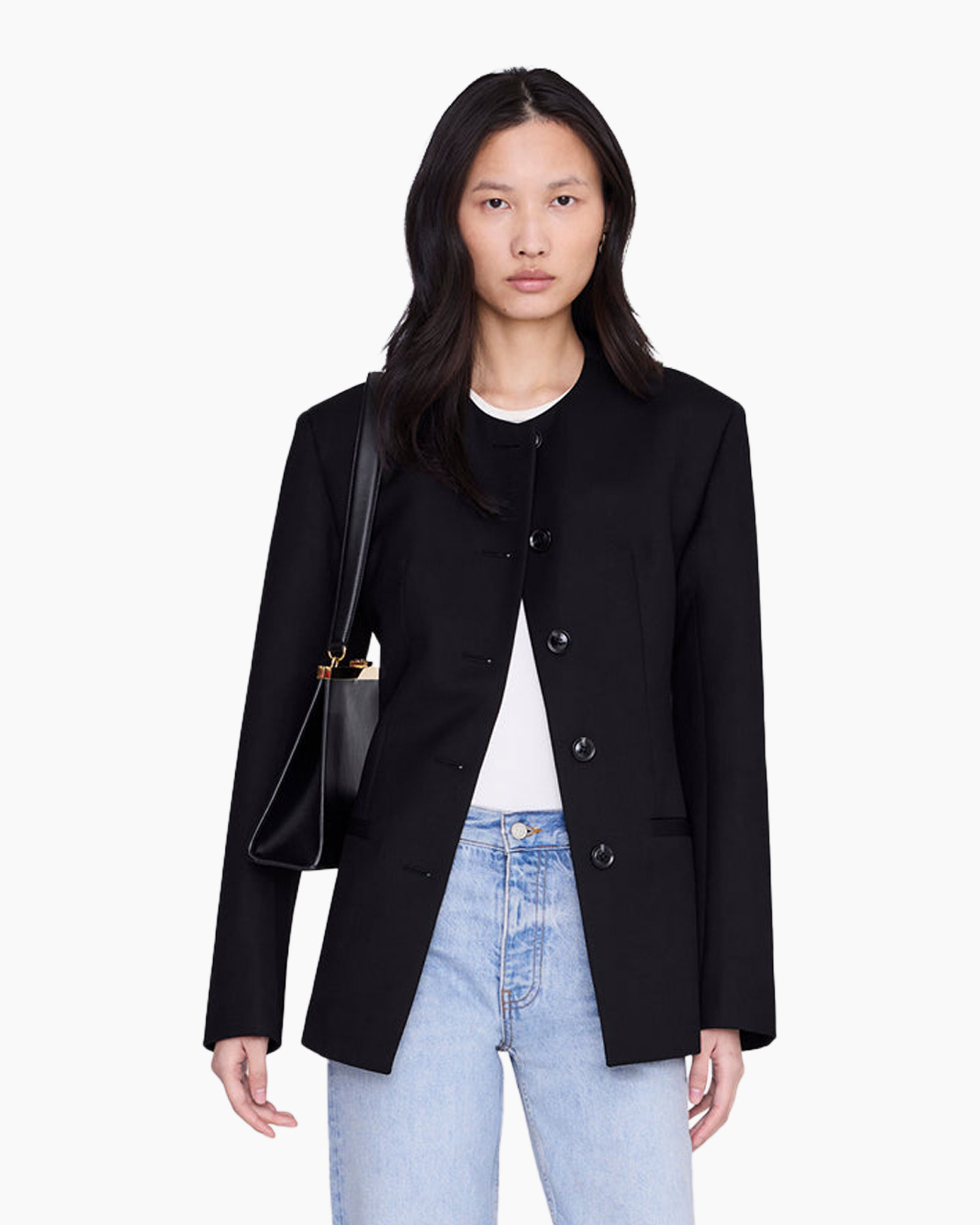 blazer, black, structured, long-sleeve, open-front