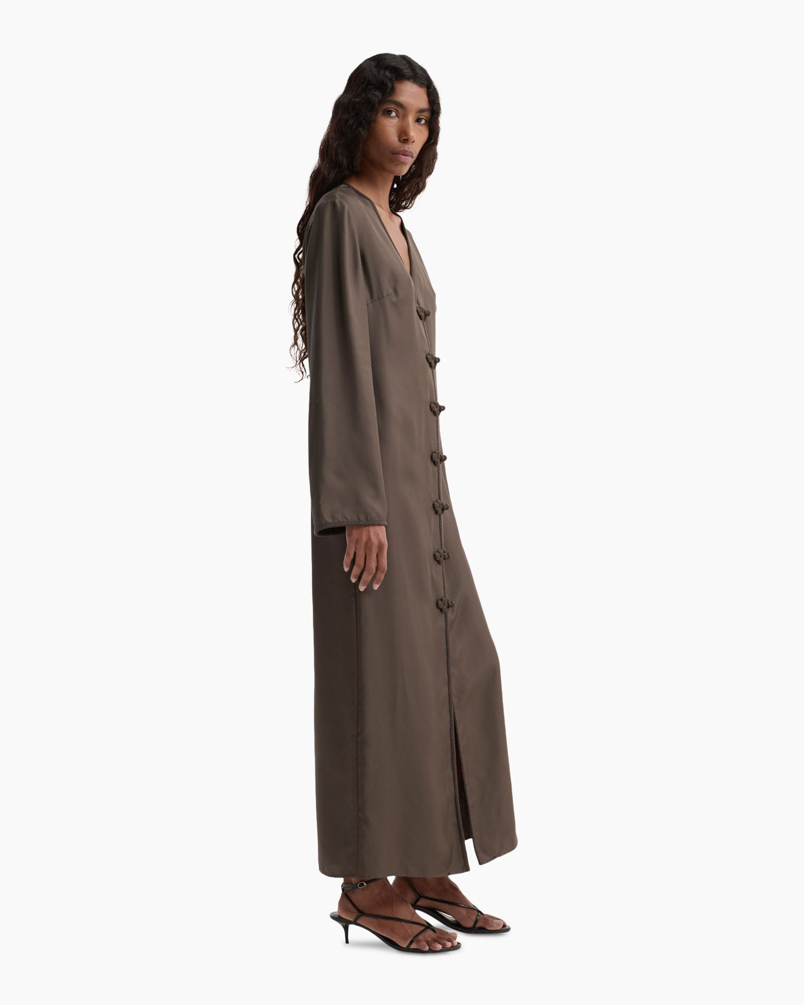 maxi dress, long coat, button front, taupe, flared sleeves