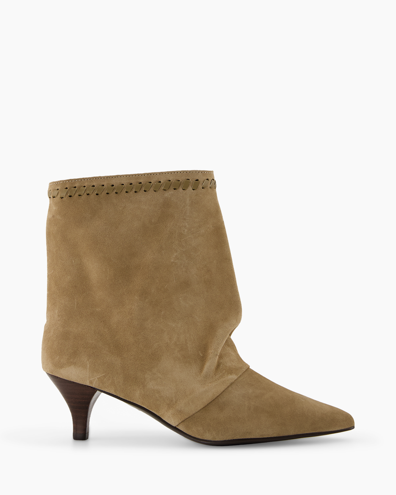 ankle boot,  suede,  tan,  mid heel,  stitching detail