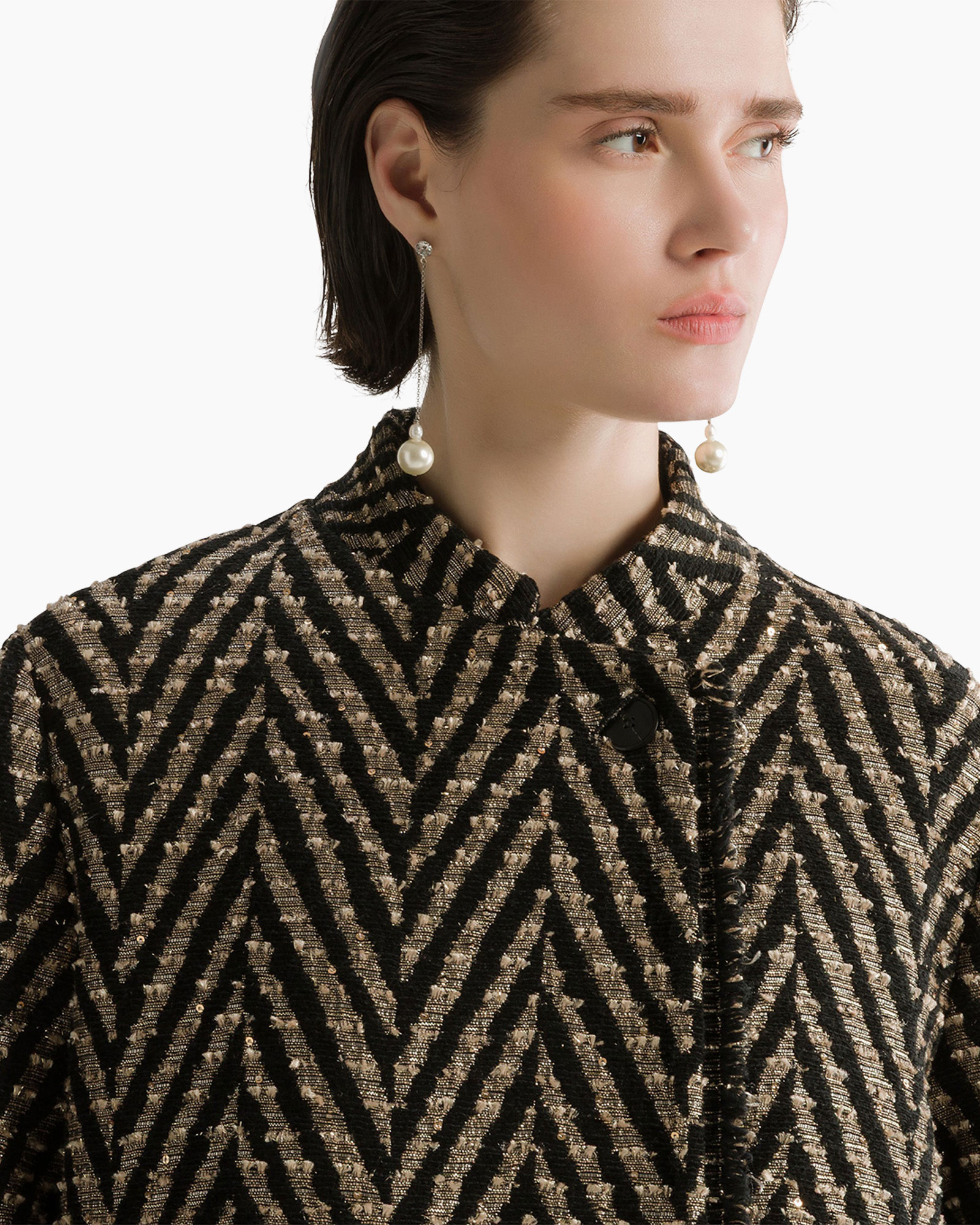 pattern, zigzag, tweed, jacket, earrings
