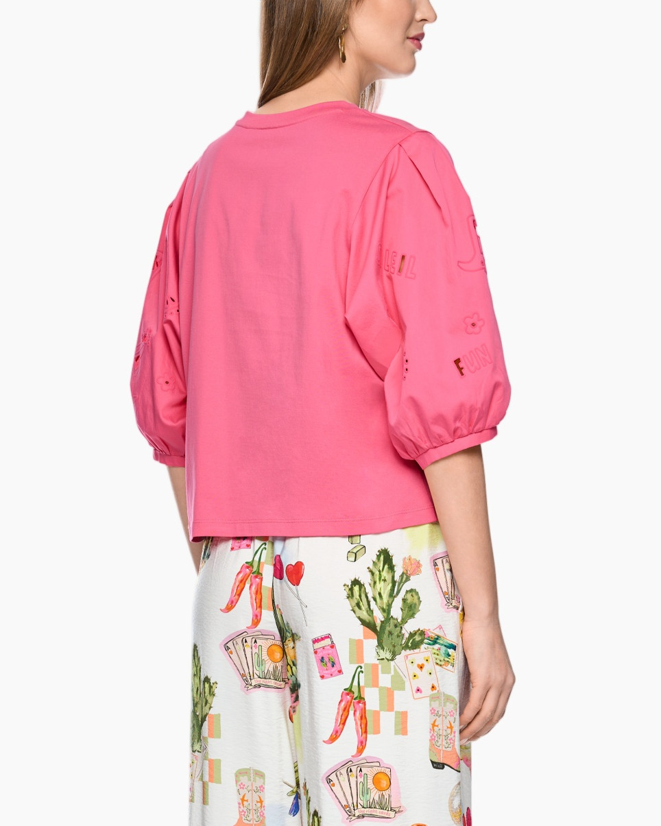 pink top, puff sleeves, crew neck, linen? cotton? fabric not sure, solid color