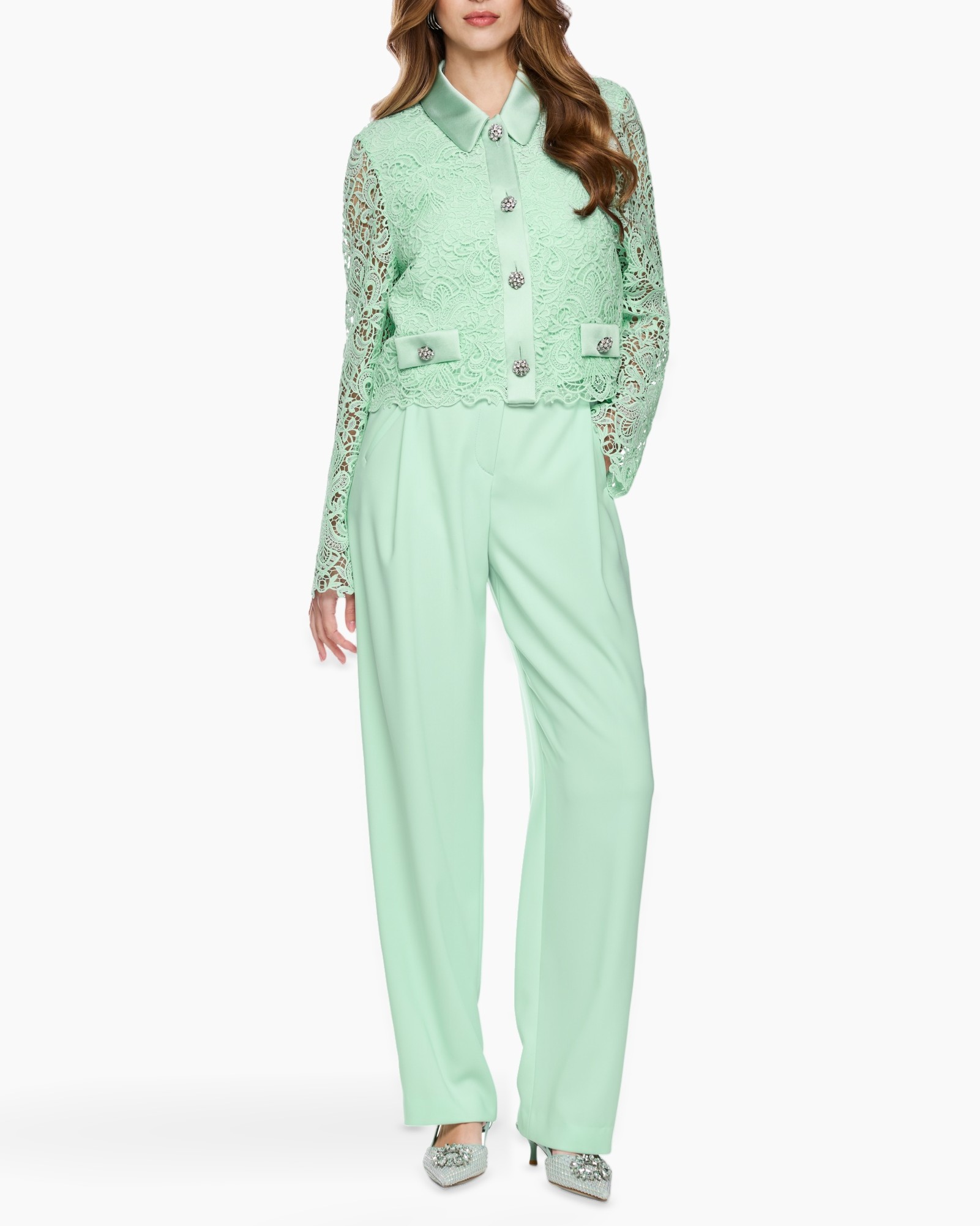 lace, jacket, mint green, wide leg pants, embellished buttons