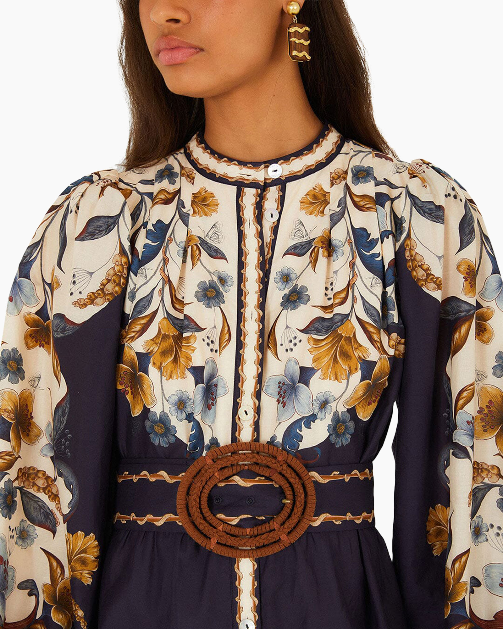 floral dress, long sleeves, belted waist, round neckline, patterned fabric
