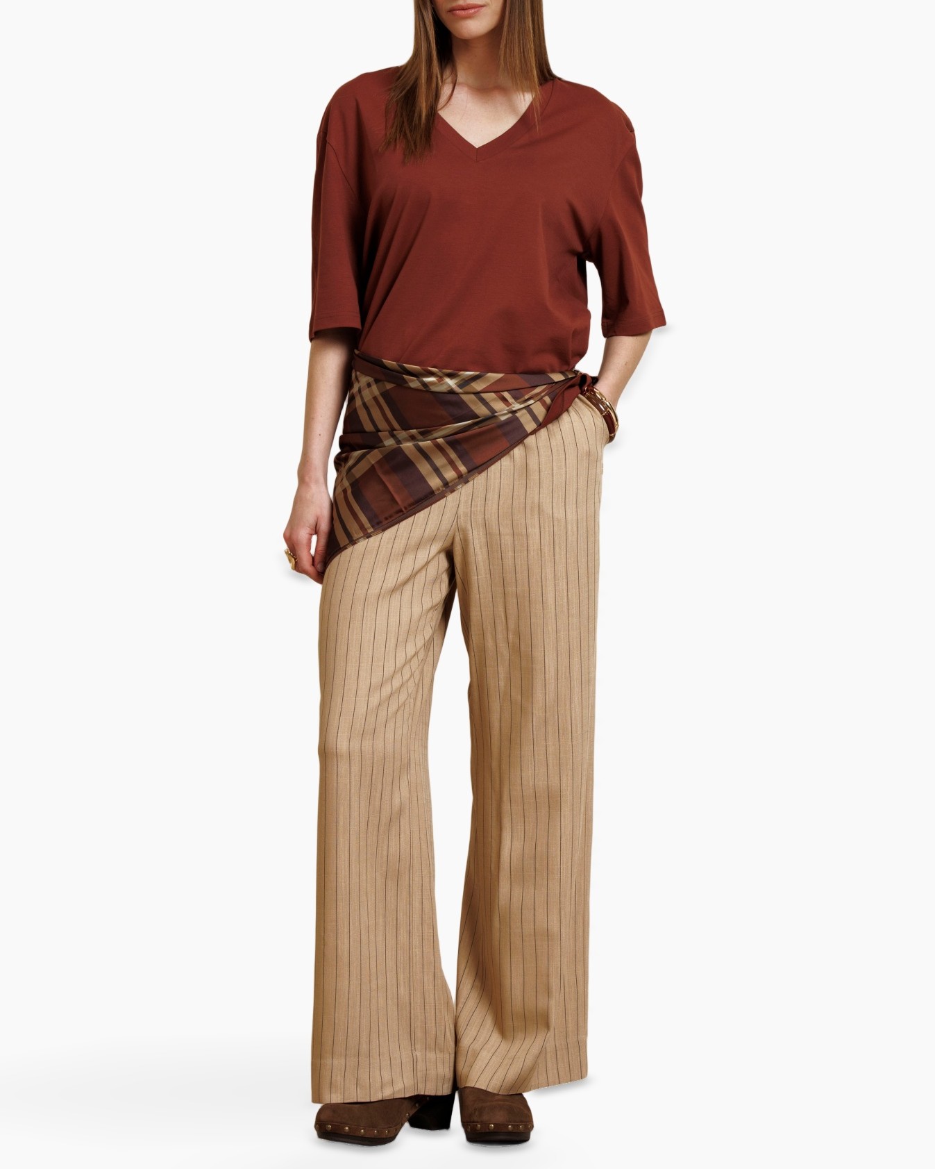 top, wide-leg pants, wrap scarf, brown, beige