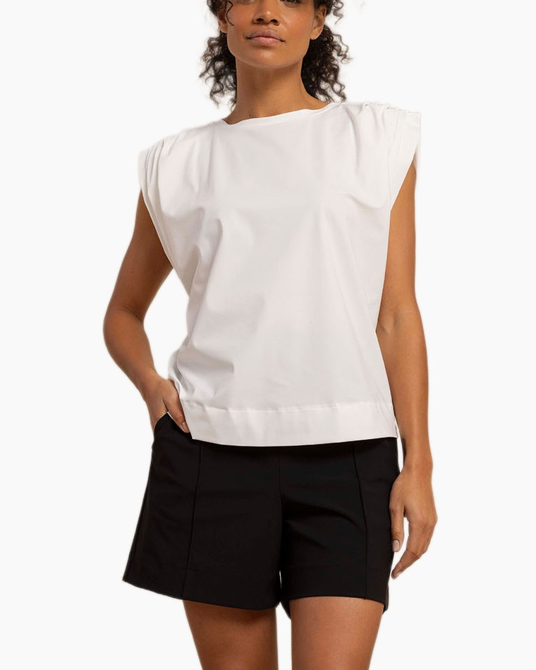 top, white, sleeveless, tunic, shorts