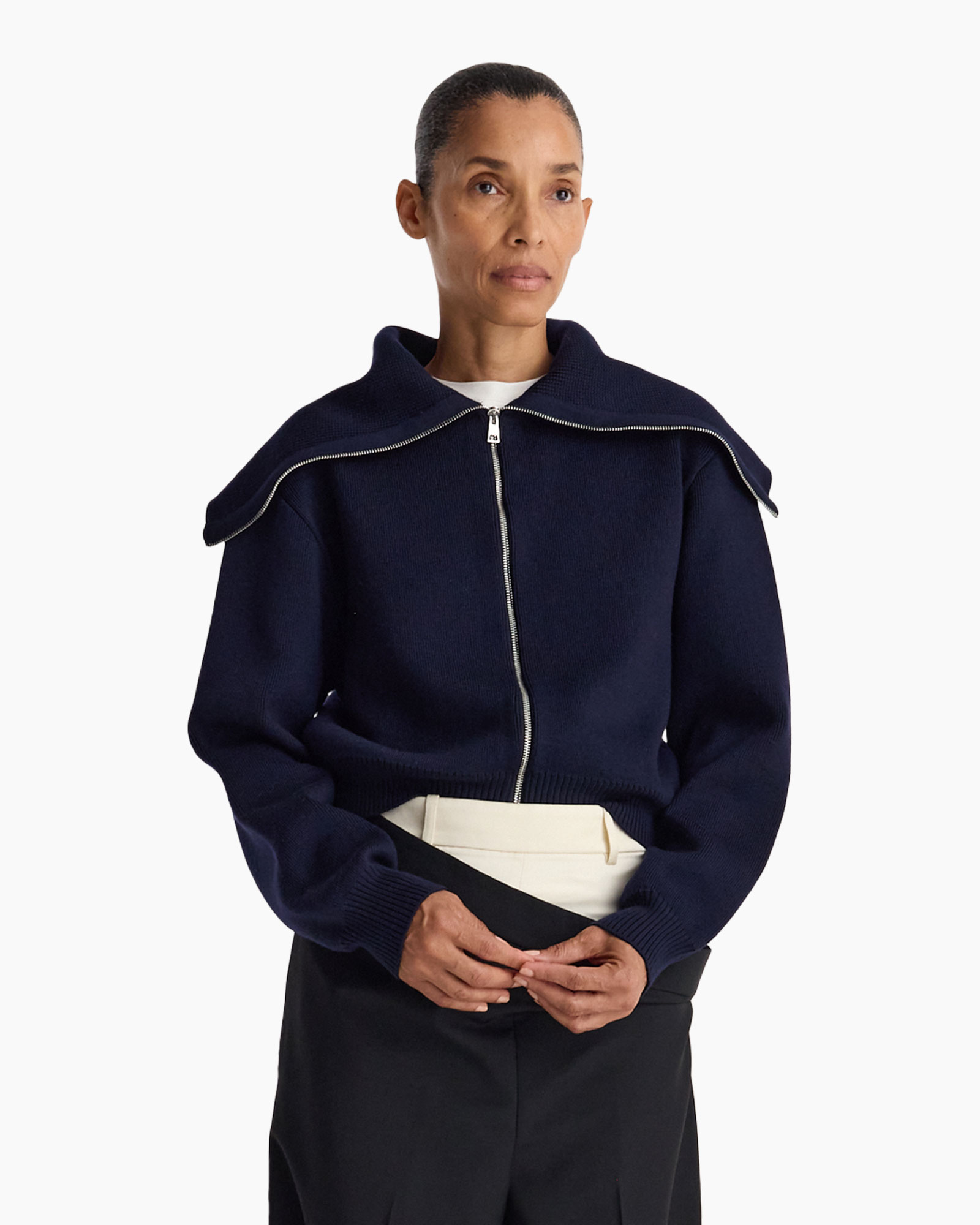 knit sweater, zipper, navy, collar cape, long sleeves