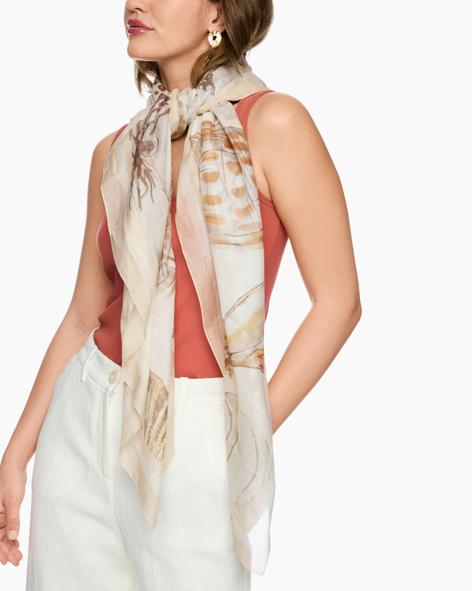 scarf, polyester, beige pattern,  floral print, wrap scarf
